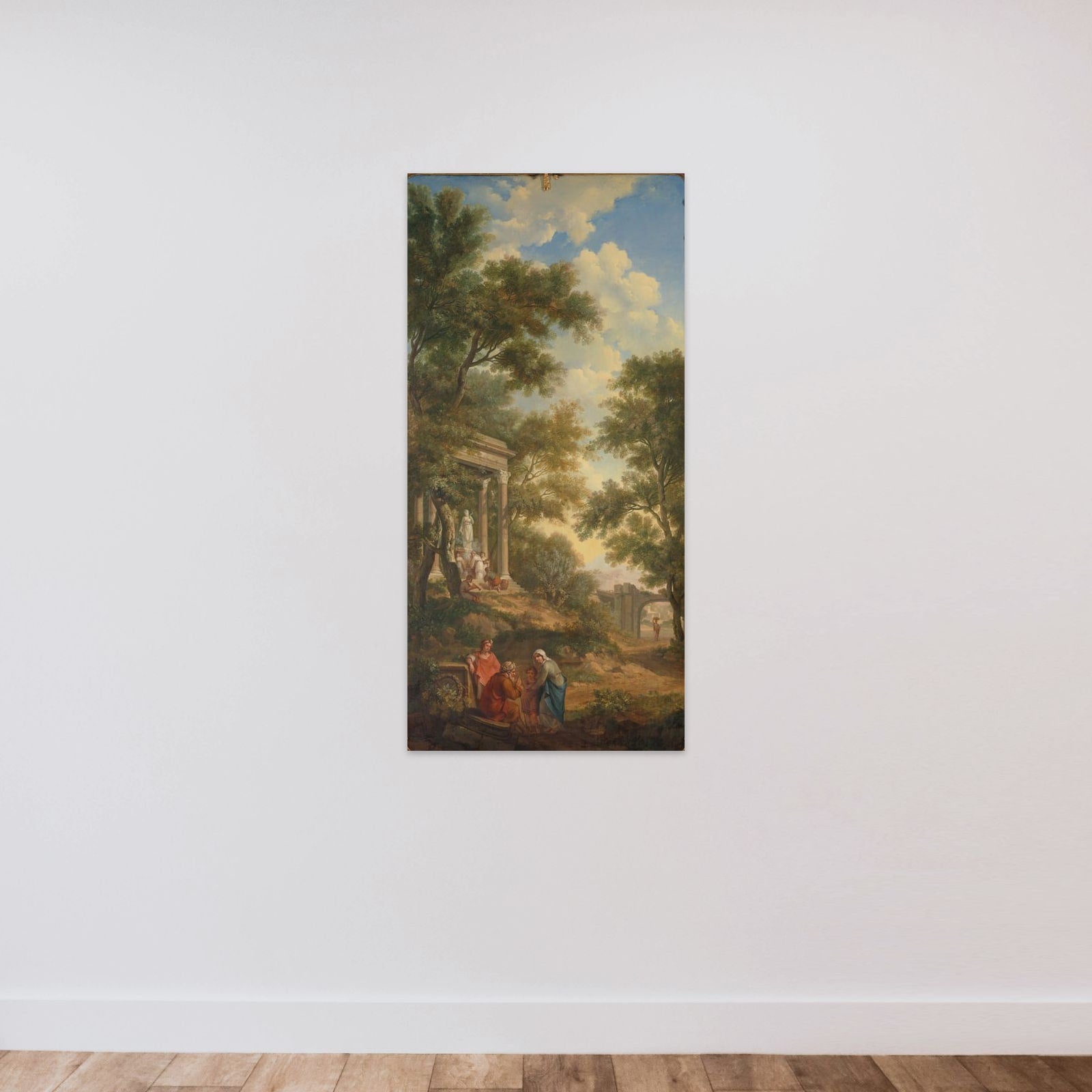 Arcadisch landschap with links een tempel en op de voorgrond een zittende old man unframed — shown to scale