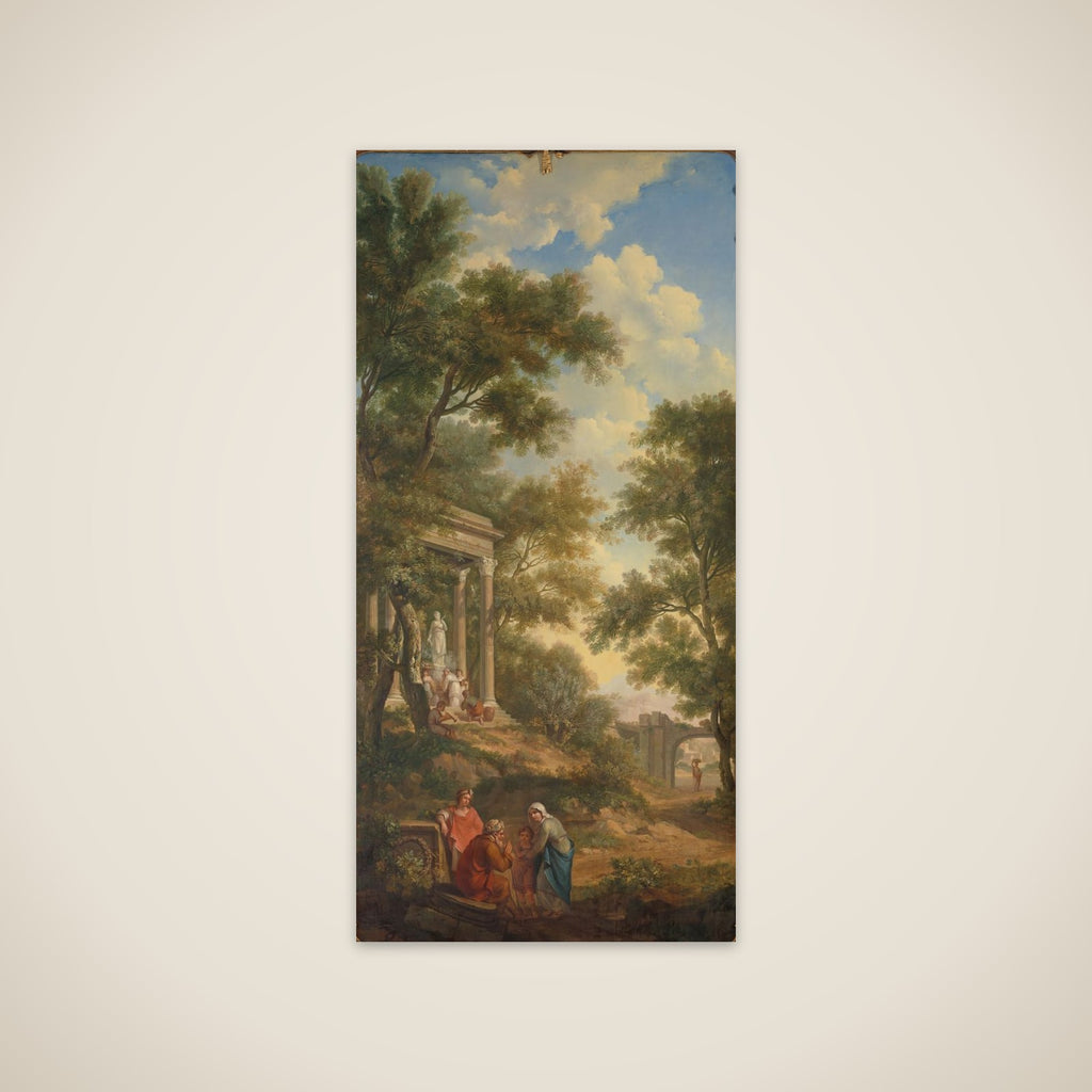 Arcadisch landschap with links een tempel en op de voorgrond een zittende old man unframed print