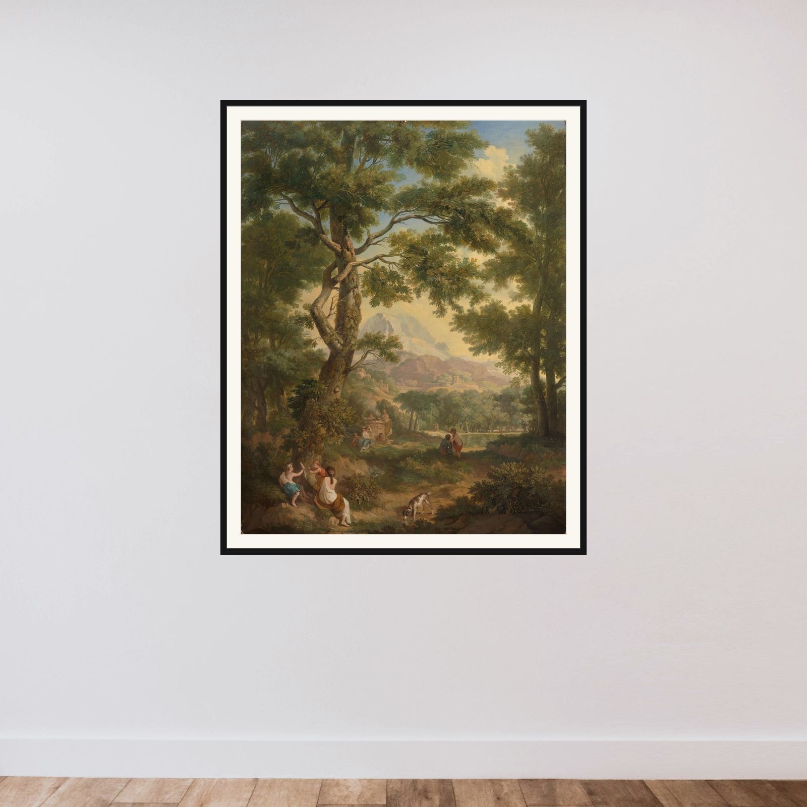 Arcadisch landschap with linksvoor children with een vogel en een hond framed — shown to scale