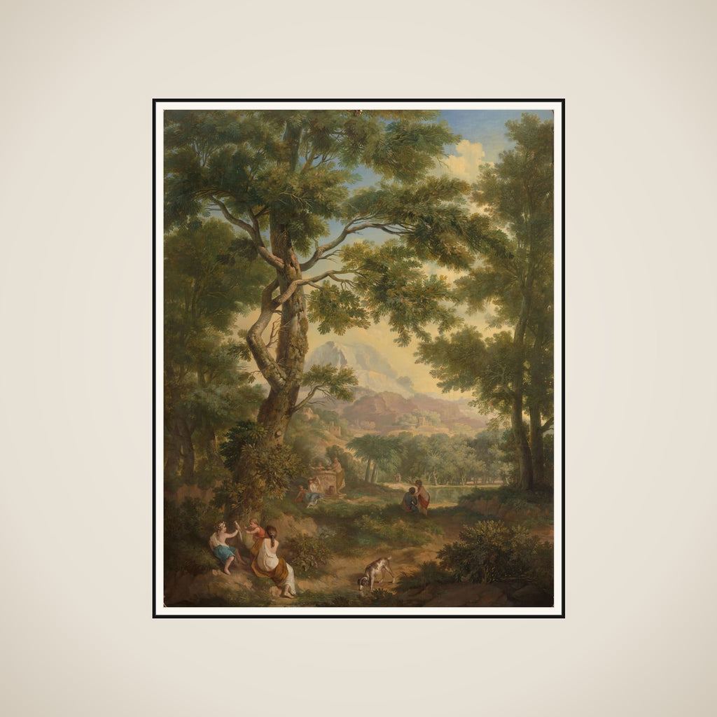 Arcadisch landschap with linksvoor children with een vogel en een hond framed