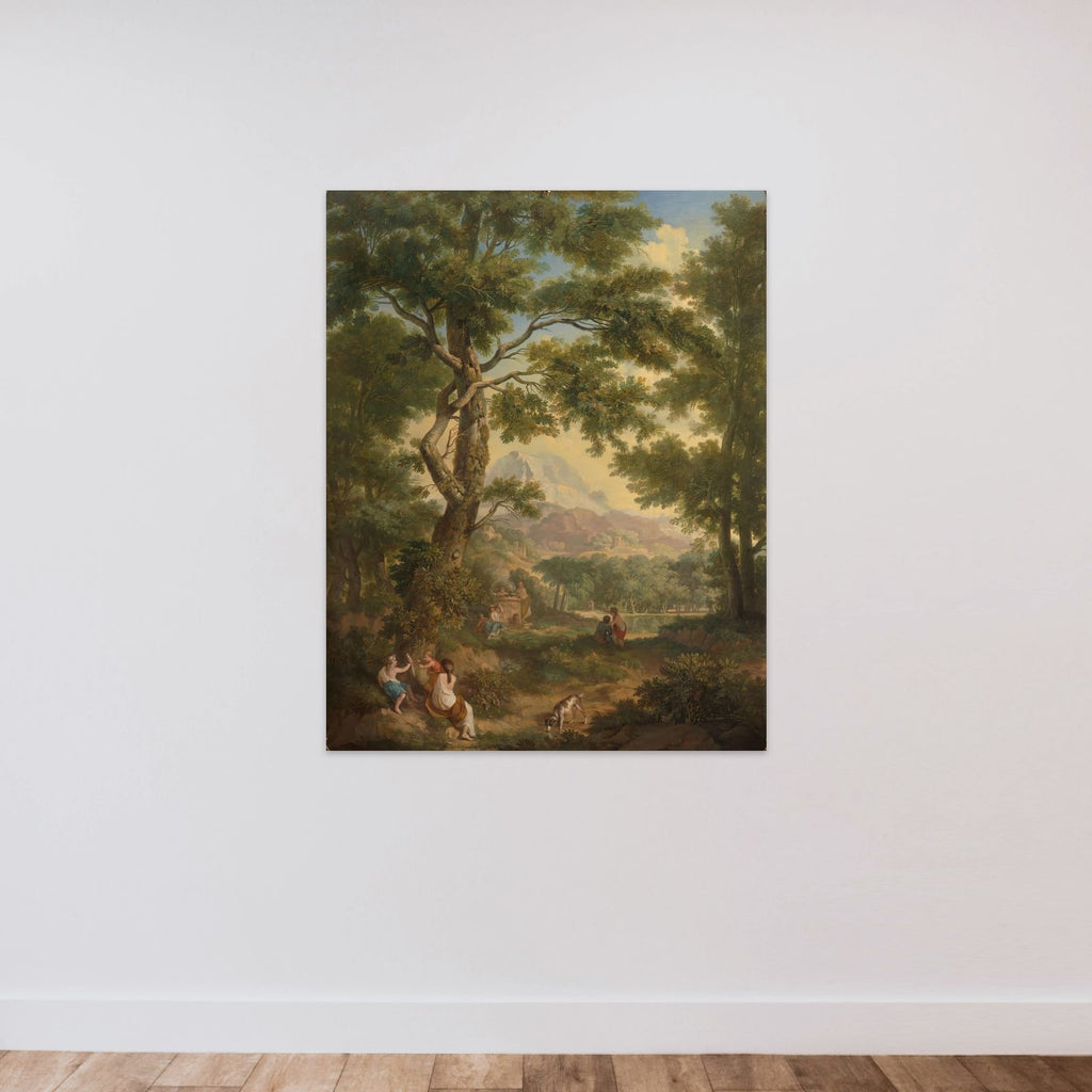Arcadisch landschap with linksvoor children with een vogel en een hond unframed — shown to scale