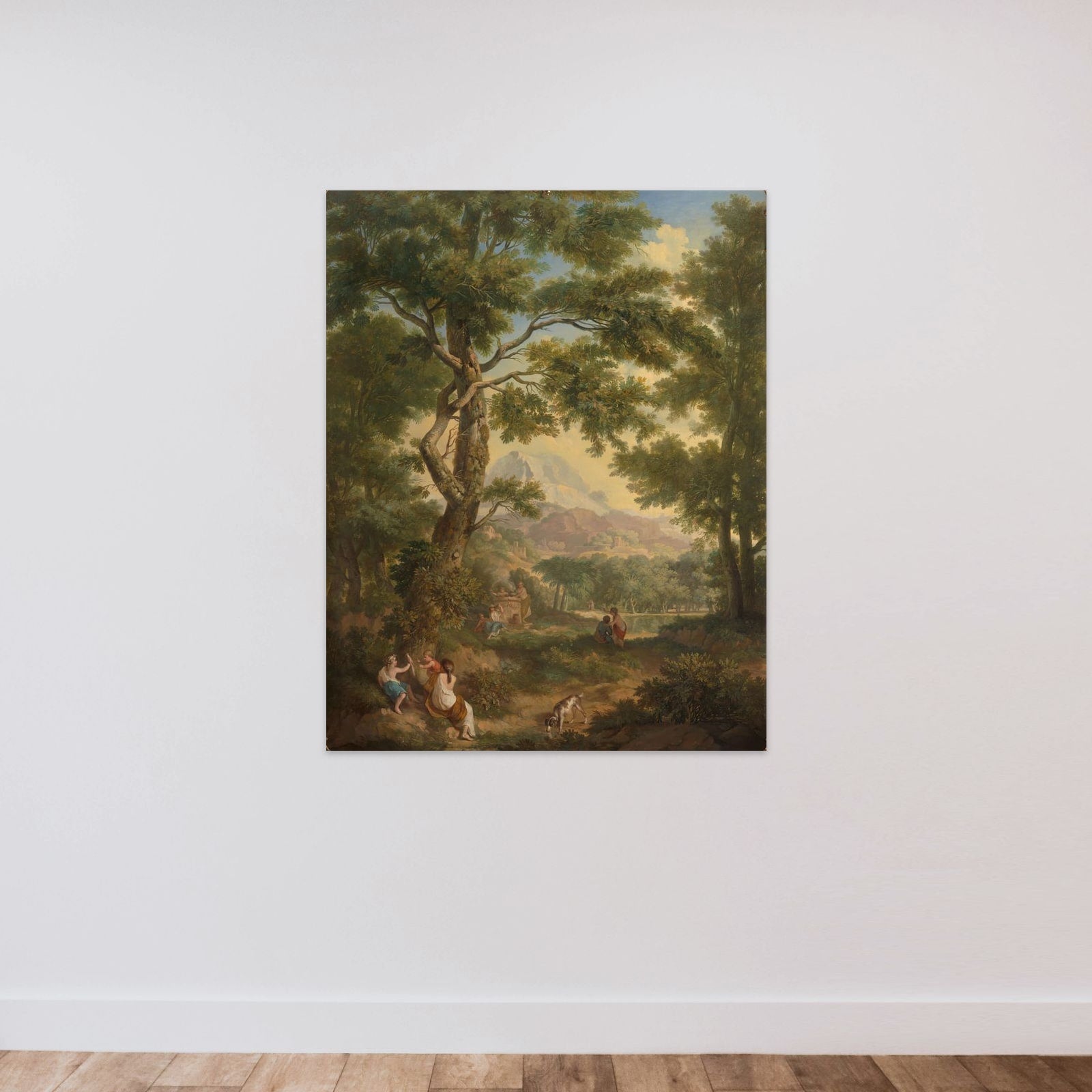 Arcadisch landschap with linksvoor children with een vogel en een hond unframed — shown to scale