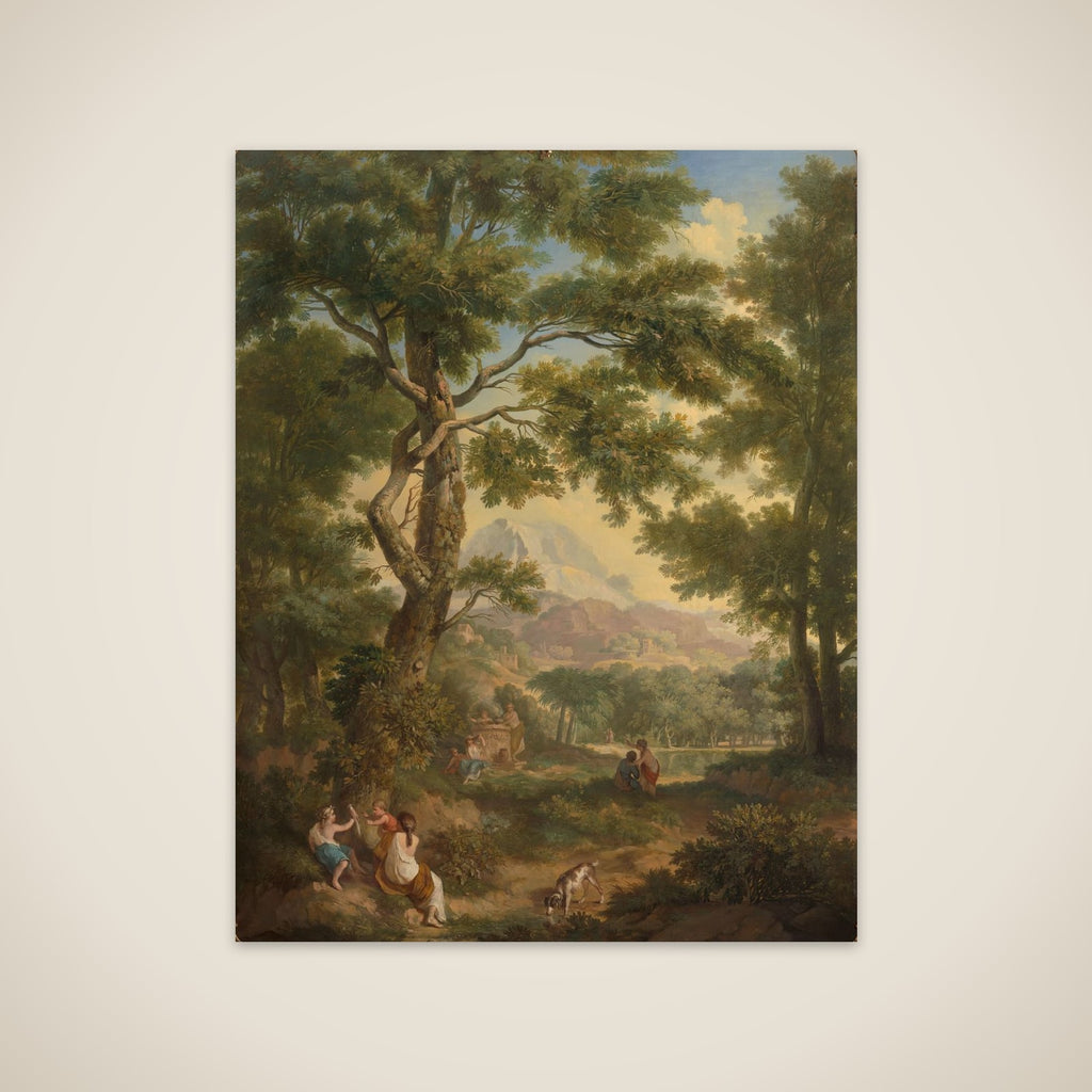 Arcadisch landschap with linksvoor children with een vogel en een hond unframed print