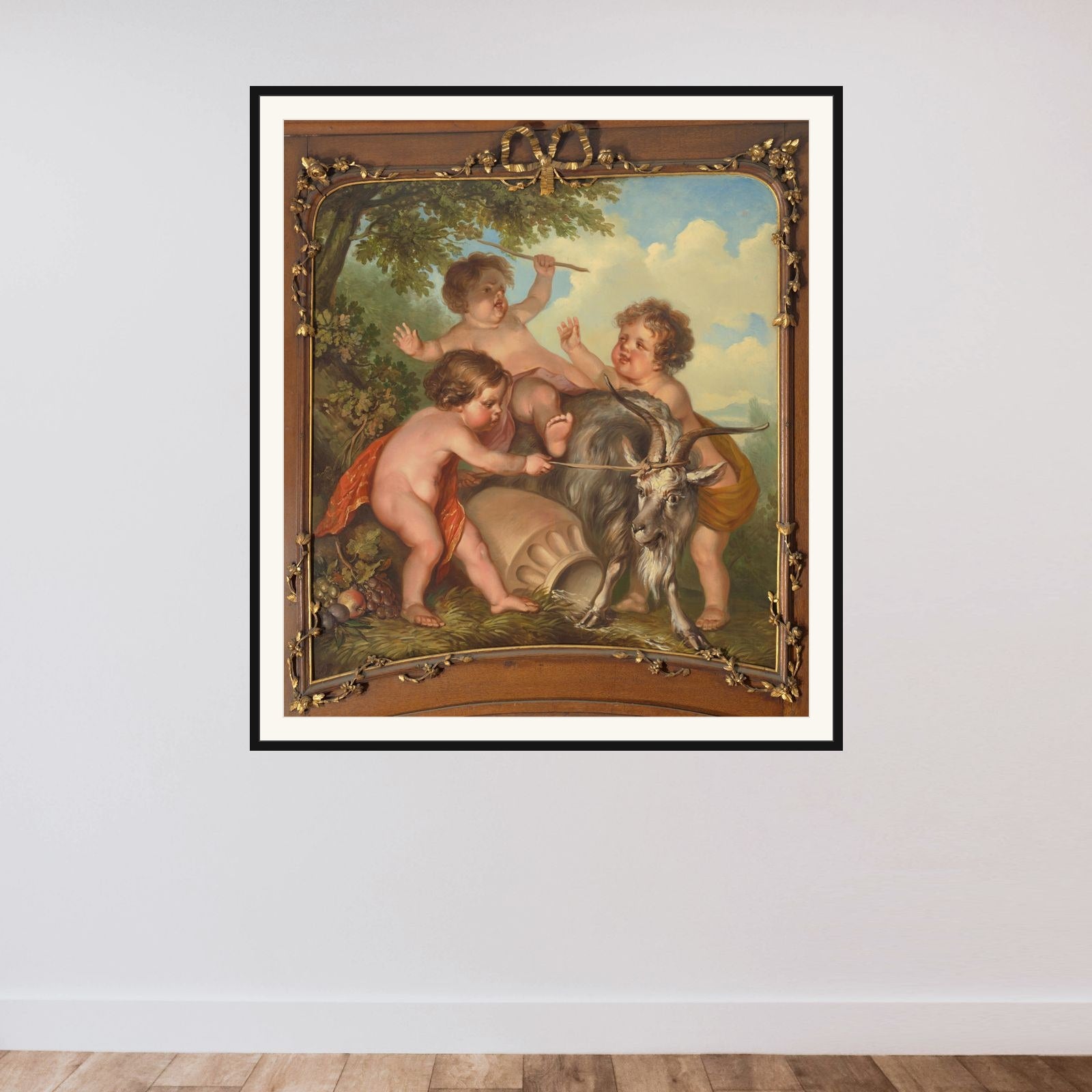 Drie kinderen spelend met een bok framed — shown to scale