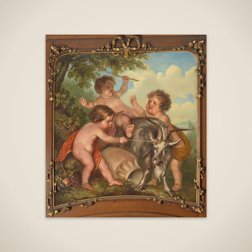 Drie kinderen spelend met een bok unframed print