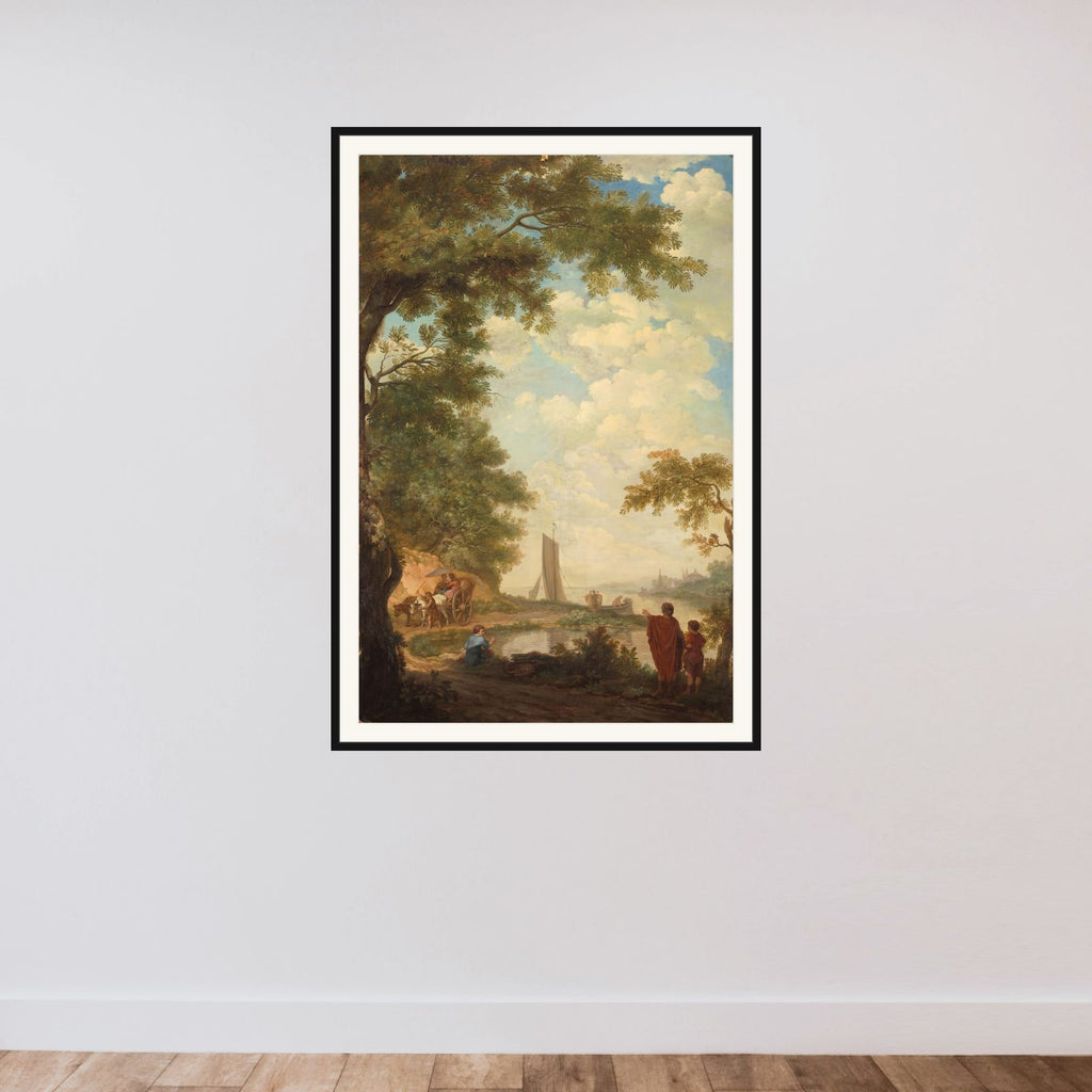 Arcadisch landschap with figuren bij een rivieroever framed — shown to scale