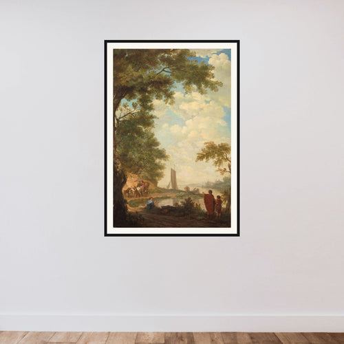 Arcadisch landschap with figuren bij een rivieroever framed — shown to scale