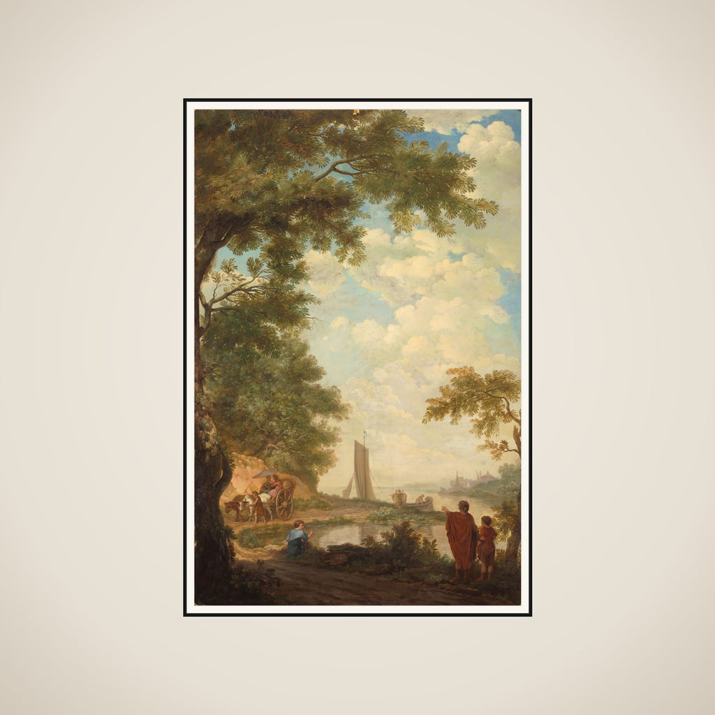 Arcadisch landschap with figuren bij een rivieroever framed