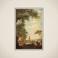 Arcadisch landschap with figuren bij een rivieroever framed