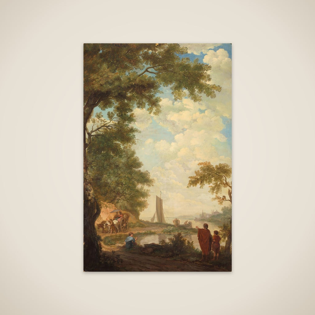 Arcadisch landschap with figuren bij een rivieroever unframed print