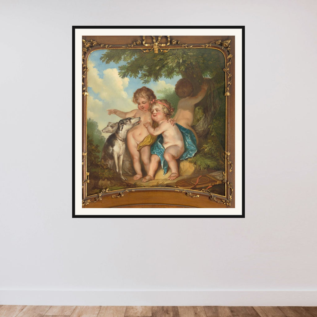 Drie kinderen met twee honden framed — shown to scale