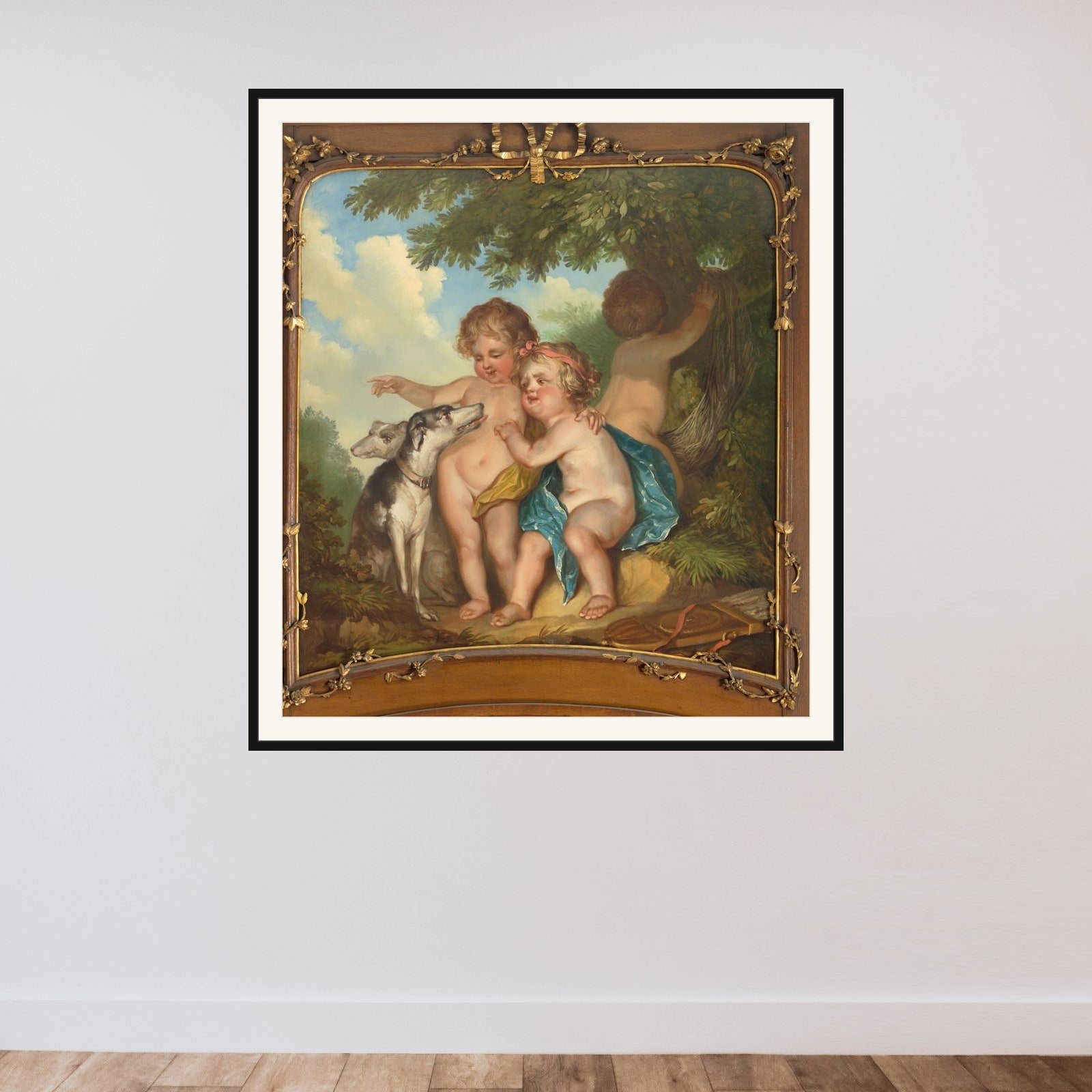 Drie kinderen met twee honden framed — shown to scale