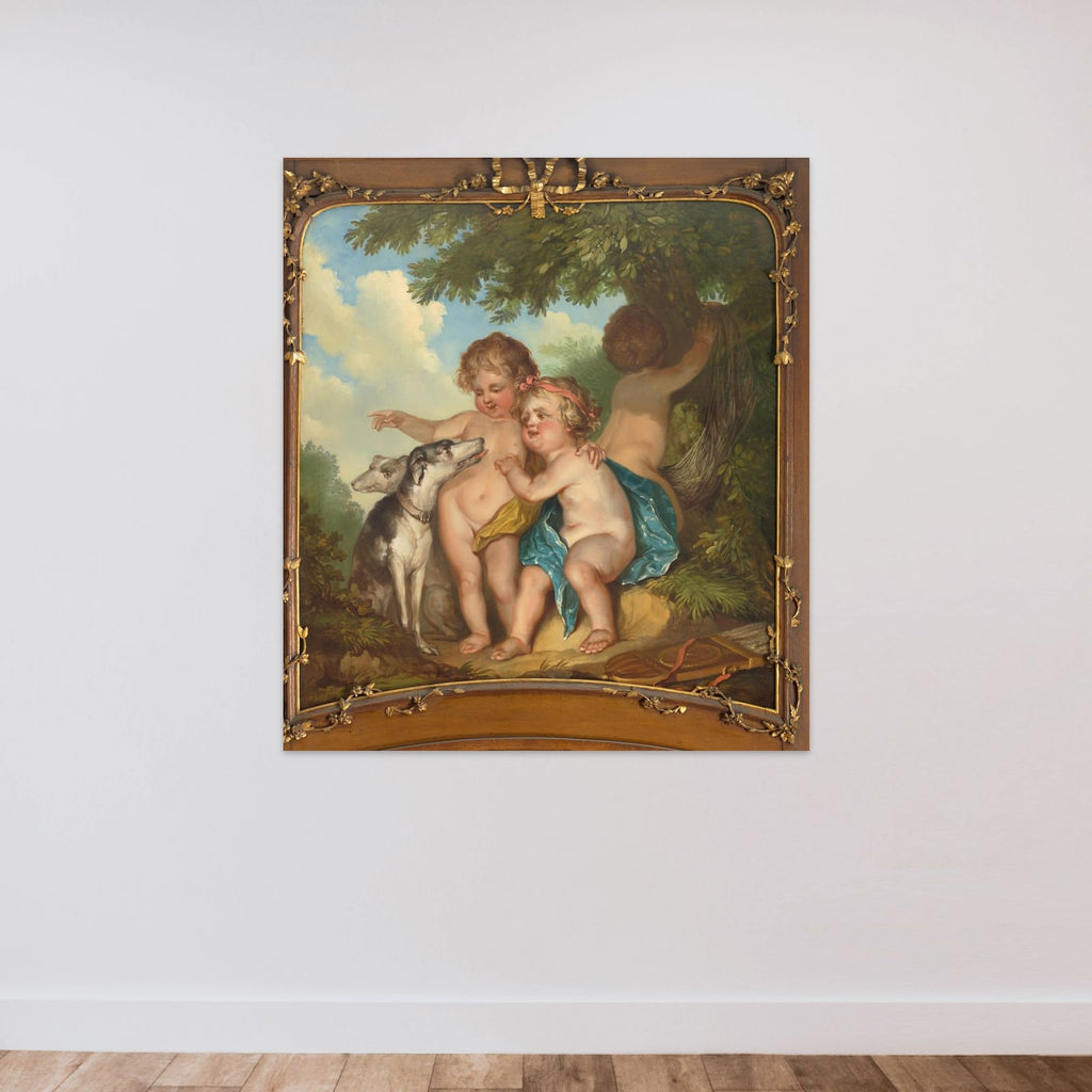 Drie kinderen met twee honden unframed — shown to scale