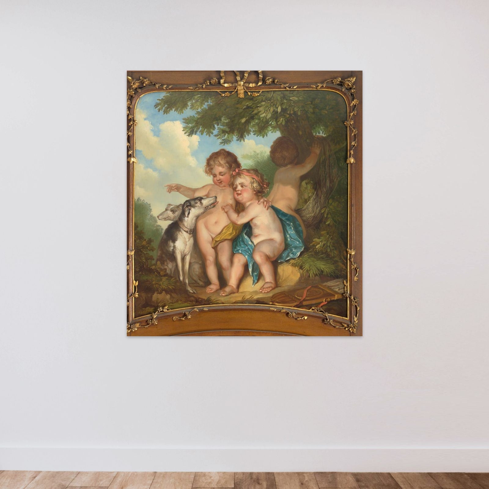 Drie kinderen met twee honden unframed — shown to scale