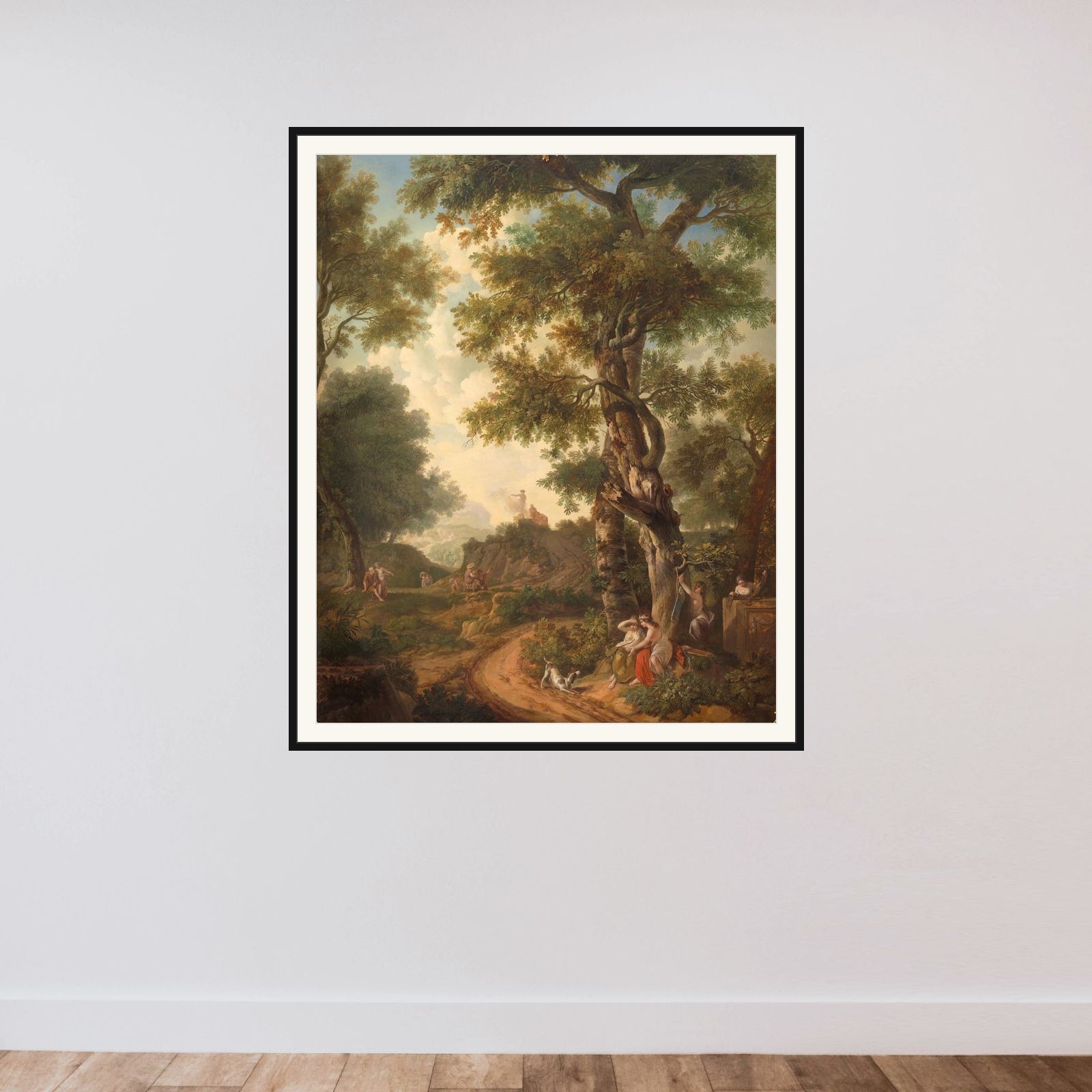 Arcadisch landschap with reizigers framed — shown to scale