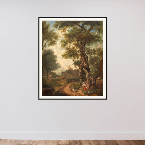 Arcadisch landschap with reizigers framed — shown to scale