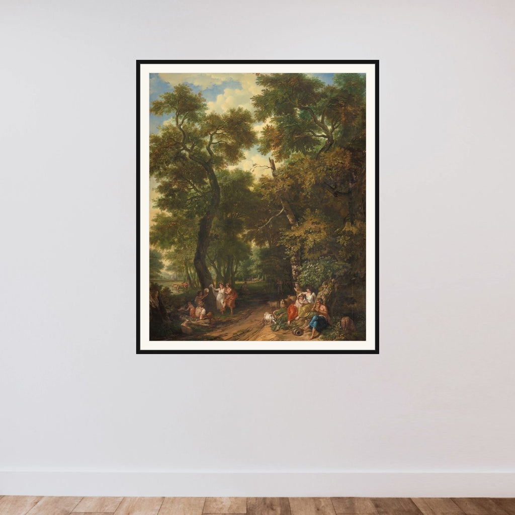 Arcadisch landschap with musicerende en dansende herders framed — shown to scale
