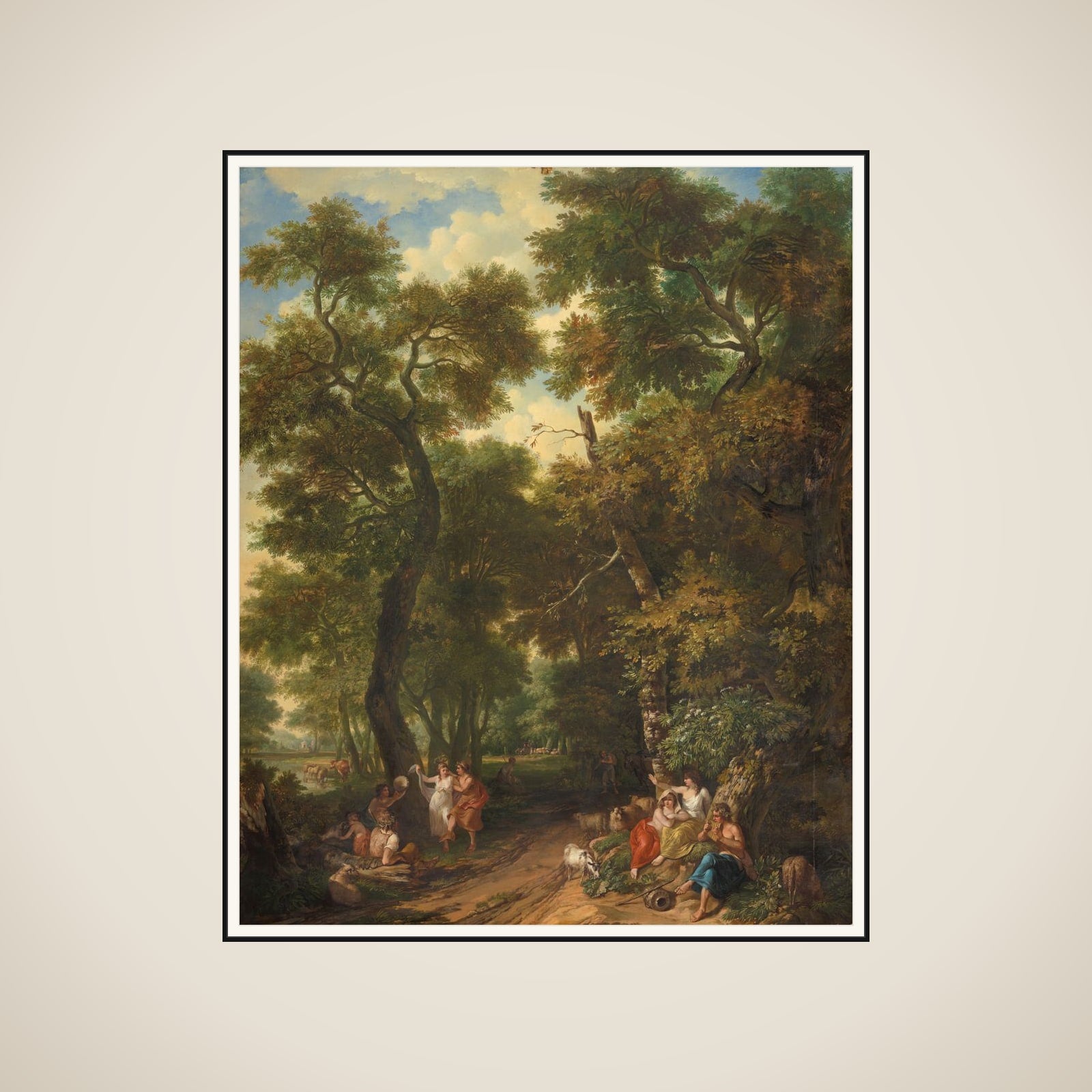 Arcadisch landschap with musicerende en dansende herders framed