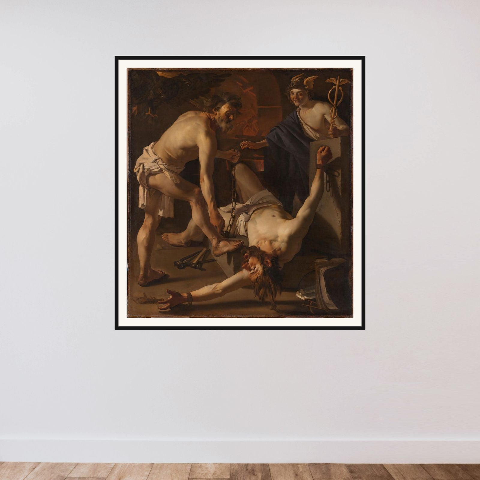 Prometheus Being Chained by Vulcan framed — shown to scale