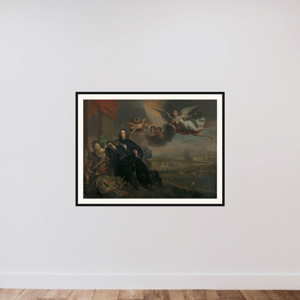 The Apotheosis of Cornelis de Witt, with the Dutch Raid on the Medway in the background framed — shown to scale