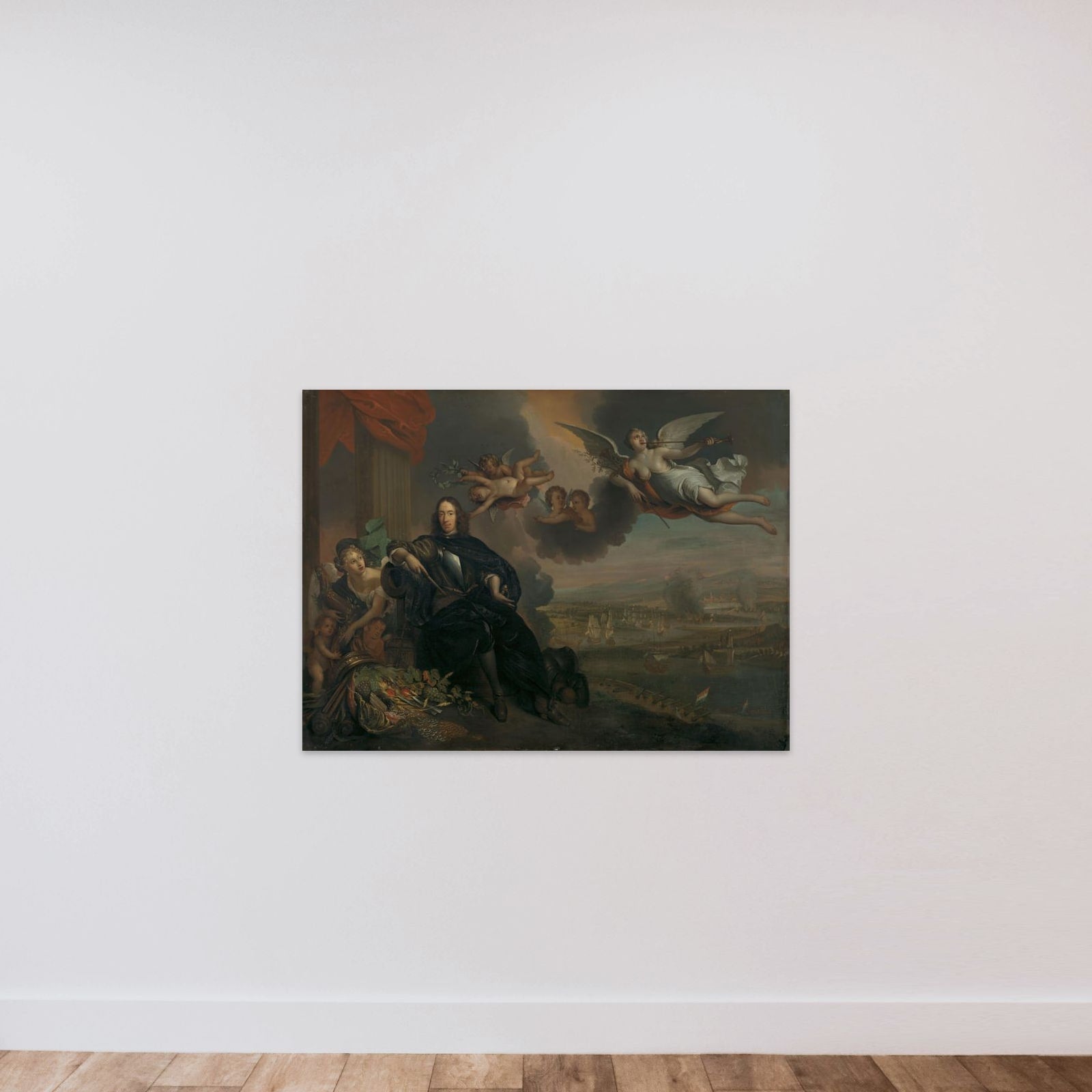 The Apotheosis of Cornelis de Witt, with the Dutch Raid on the Medway in the background unframed — shown to scale