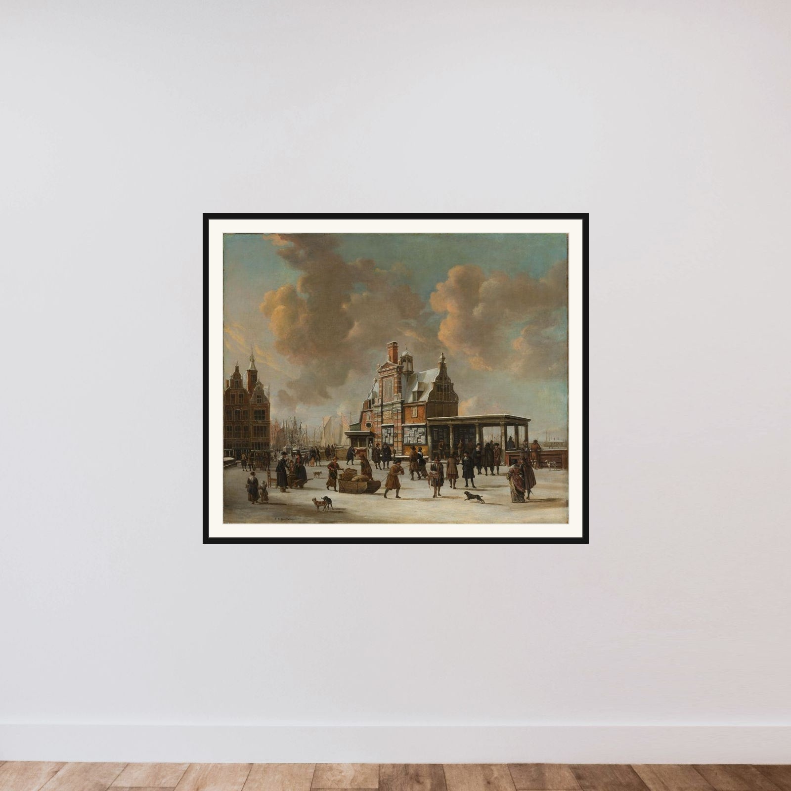 The Paalhuis and the Nieuwe Brug, Amsterdam, in the Winter framed — shown to scale