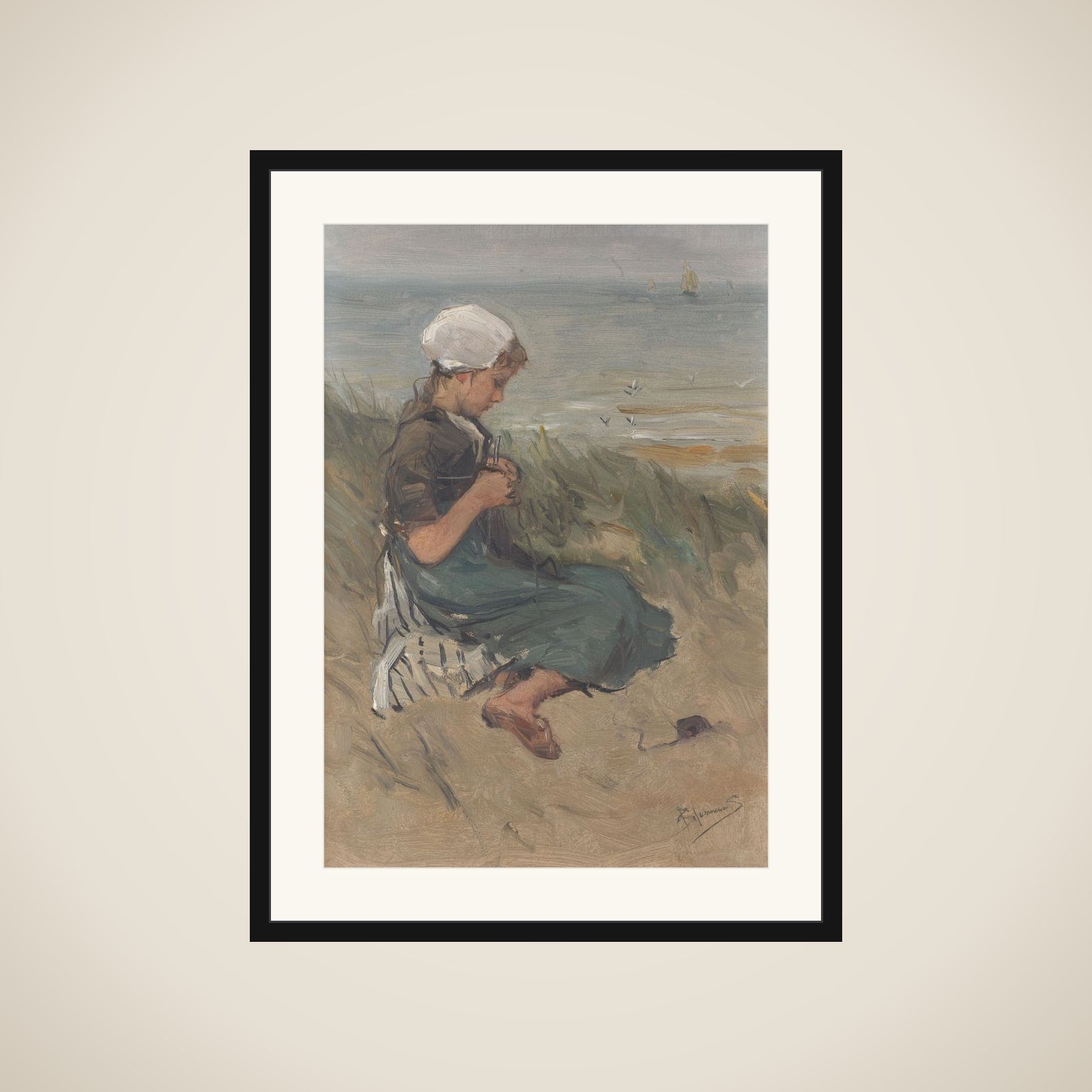 Girl Knitting in the Dunes framed
