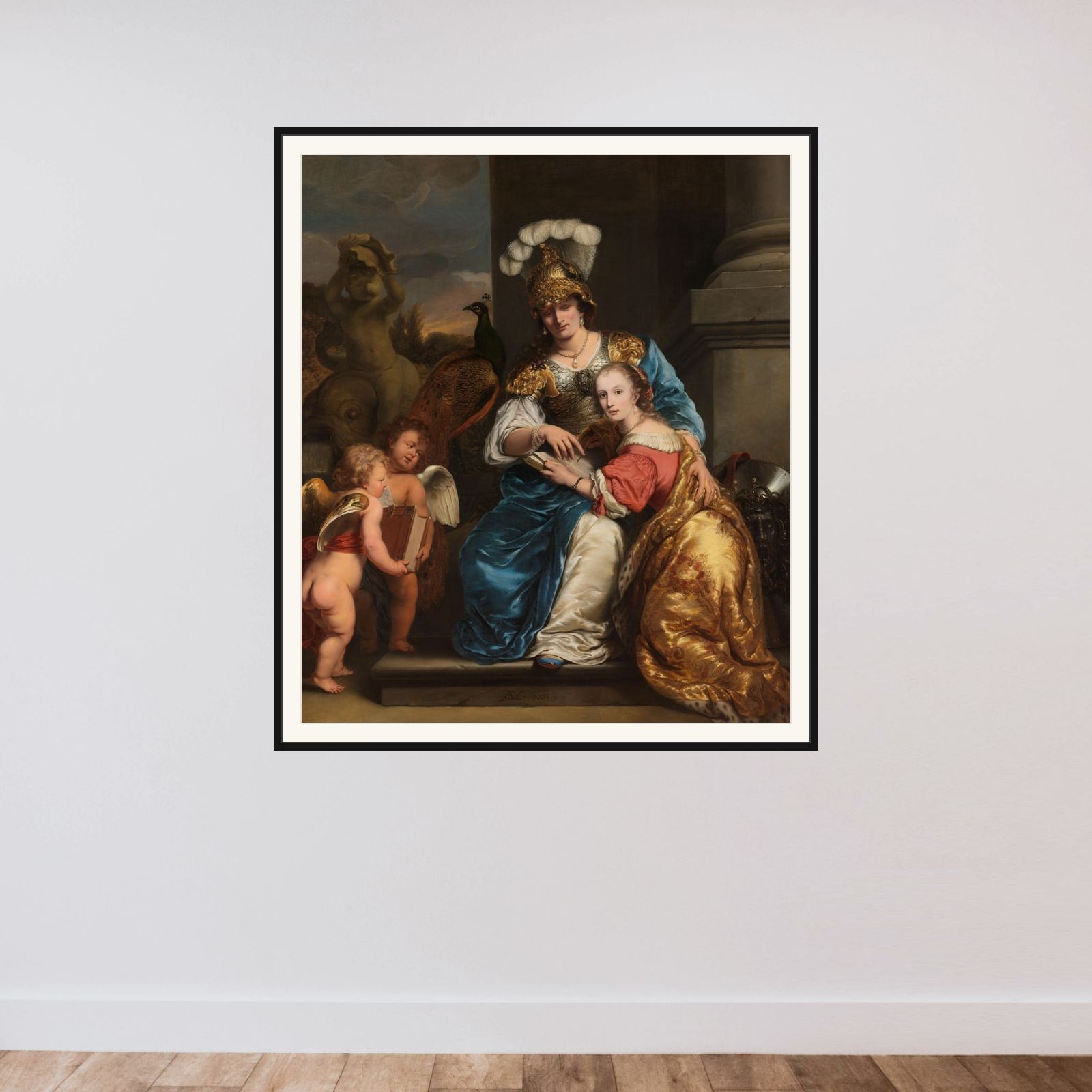 Allegory of Education: Margarita Trip (1640-1714) teaching her sister Anna Maria Trip (1652-1681) framed — shown to scale