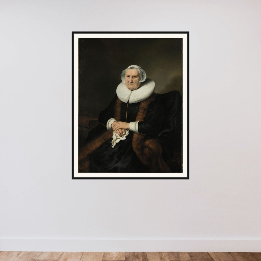 Portrait of an Old Lady, possibly Elisabeth Jacobsdr Bas (1571-1649), Widow of Jochem Hendricksz Swartenhont framed — shown to scale
