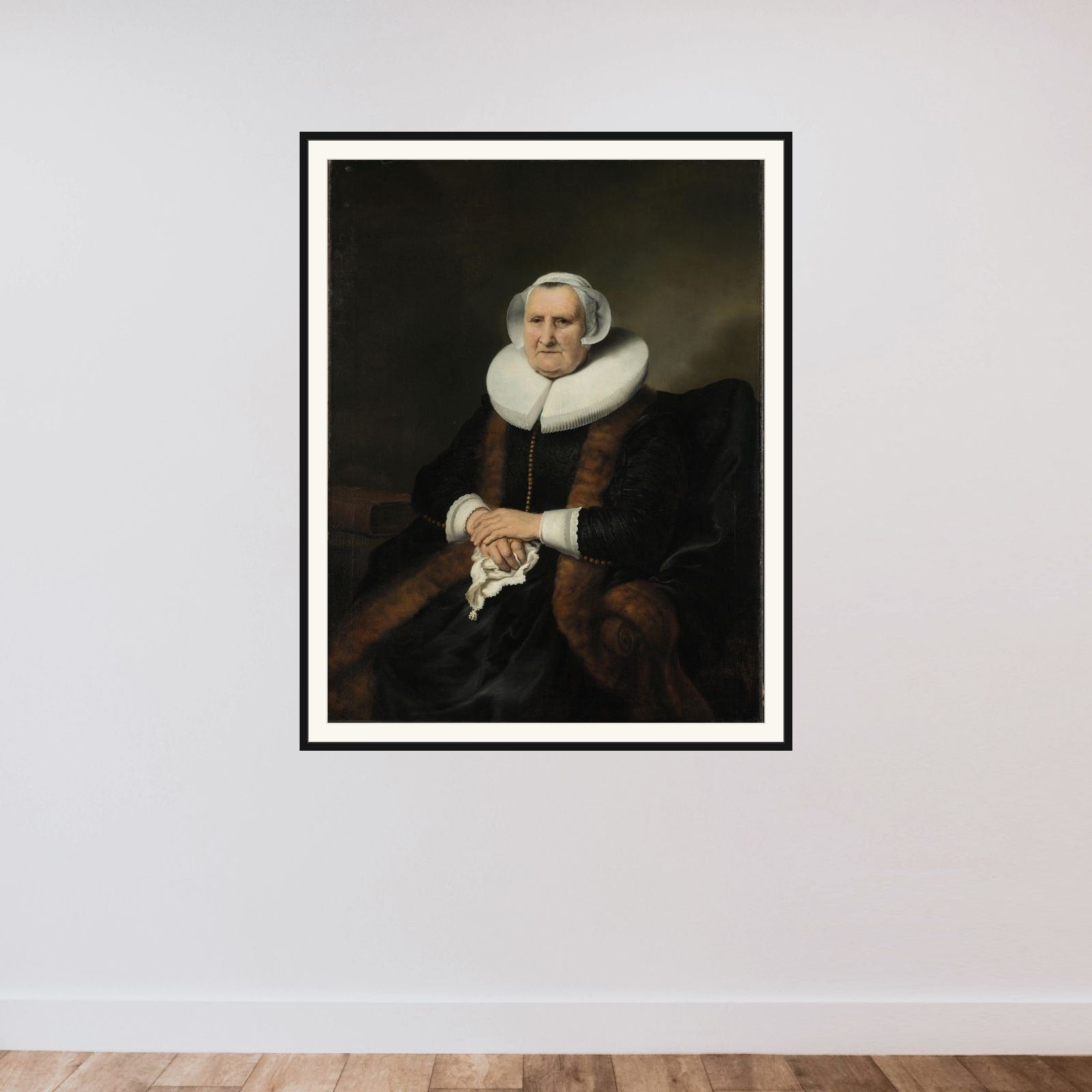 Portrait of an Old Lady, possibly Elisabeth Jacobsdr Bas (1571-1649), Widow of Jochem Hendricksz Swartenhont framed — shown to scale