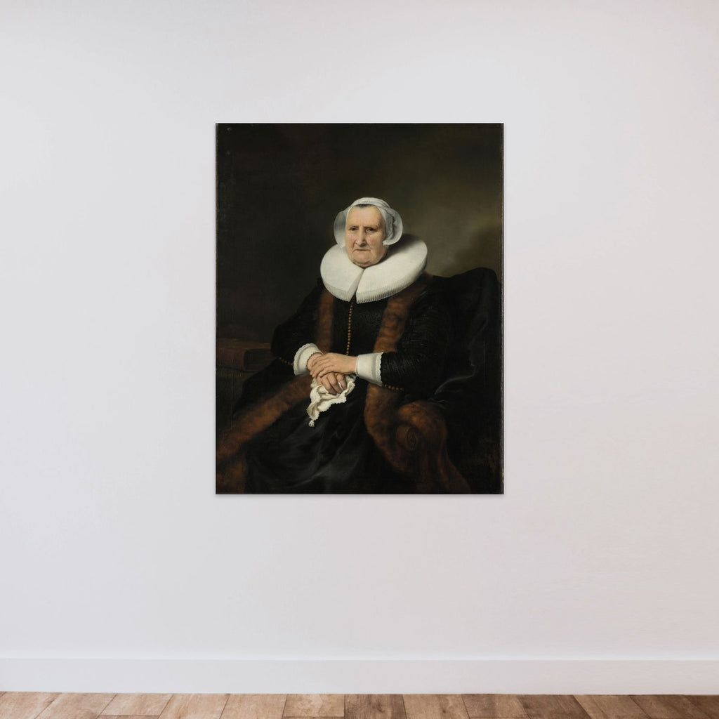 Portrait of an Old Lady, possibly Elisabeth Jacobsdr Bas (1571-1649), Widow of Jochem Hendricksz Swartenhont unframed — shown to scale