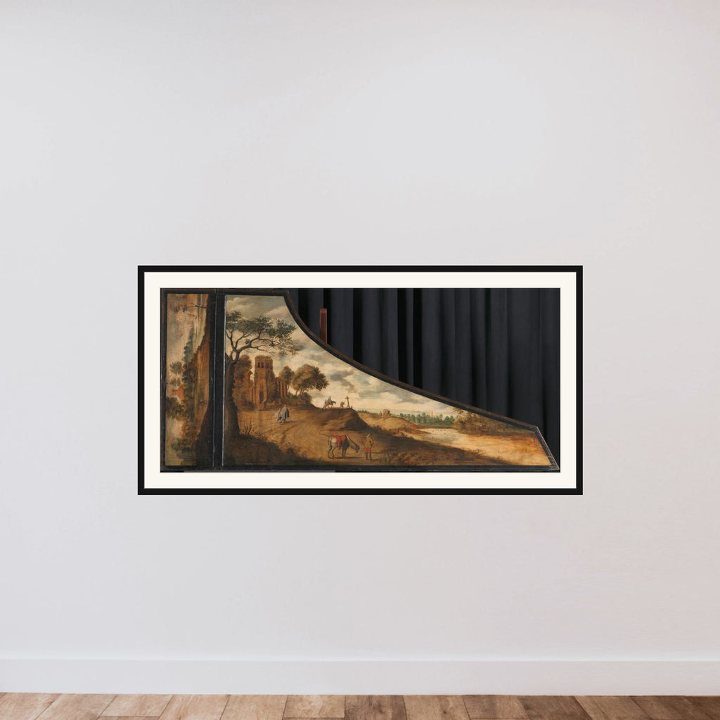 Painting on a Harpsichord Lid with a Hilly Landscape and Travellers framed — shown to scale