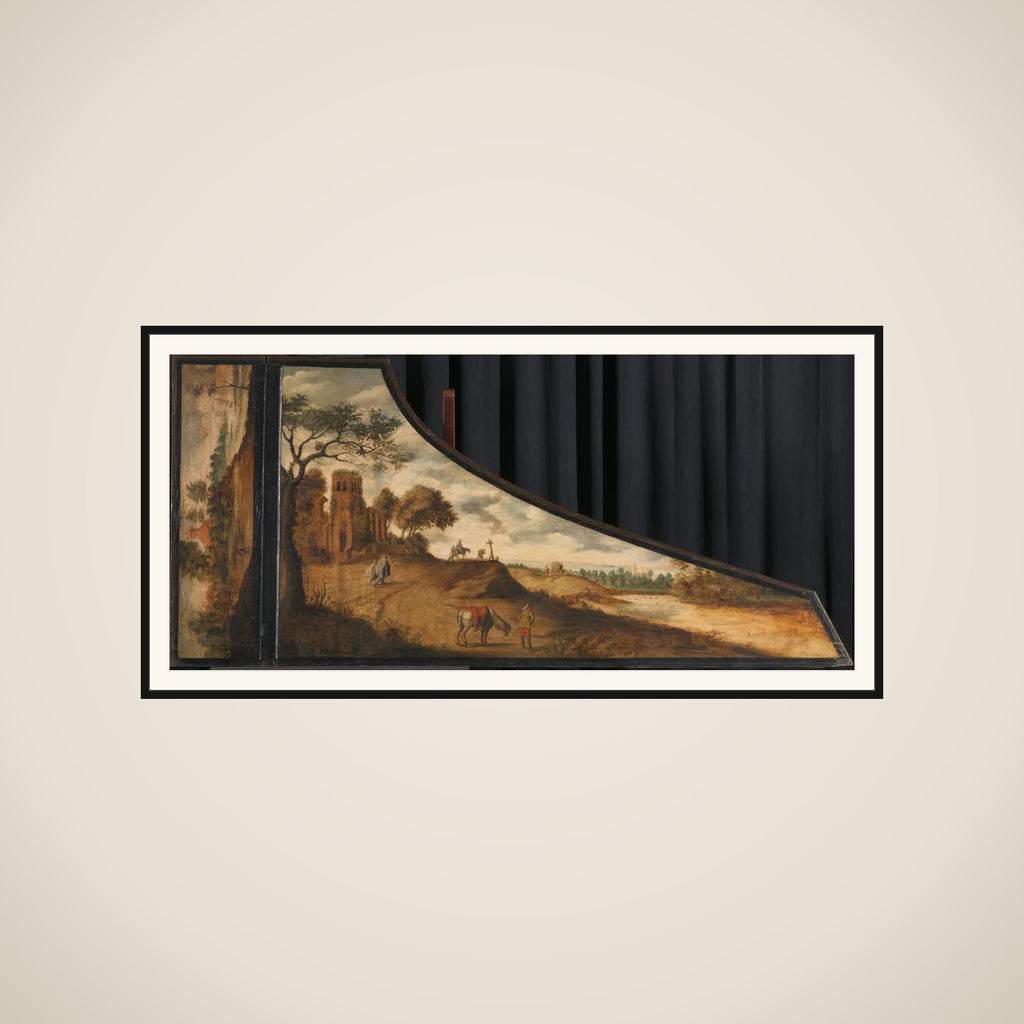 Painting on a Harpsichord Lid with a Hilly Landscape and Travellers framed