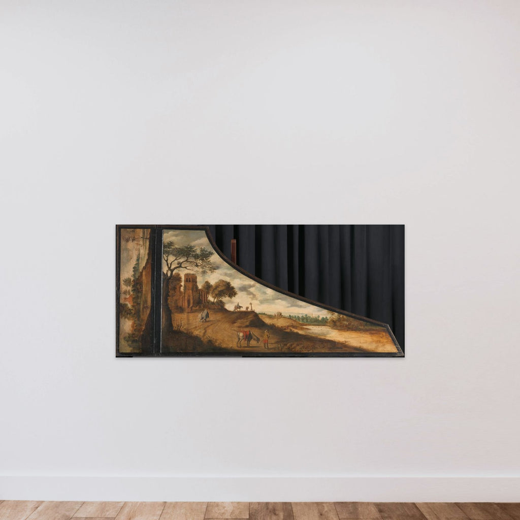 Painting on a Harpsichord Lid with a Hilly Landscape and Travellers unframed — shown to scale