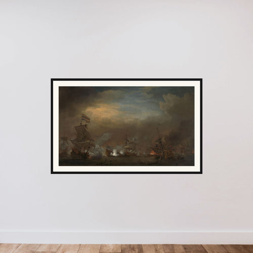 "Nocturnal Sea Battle between Cornelis Tromp on the ""Gouden Leeuw"" and Sir Edward Spragg on the ""Royal Prince"" during the Battle at Kijkduin (Battle of Texel), 21 August 1673: episode from the Third Anglo-Dutch War" framed — shown to scale