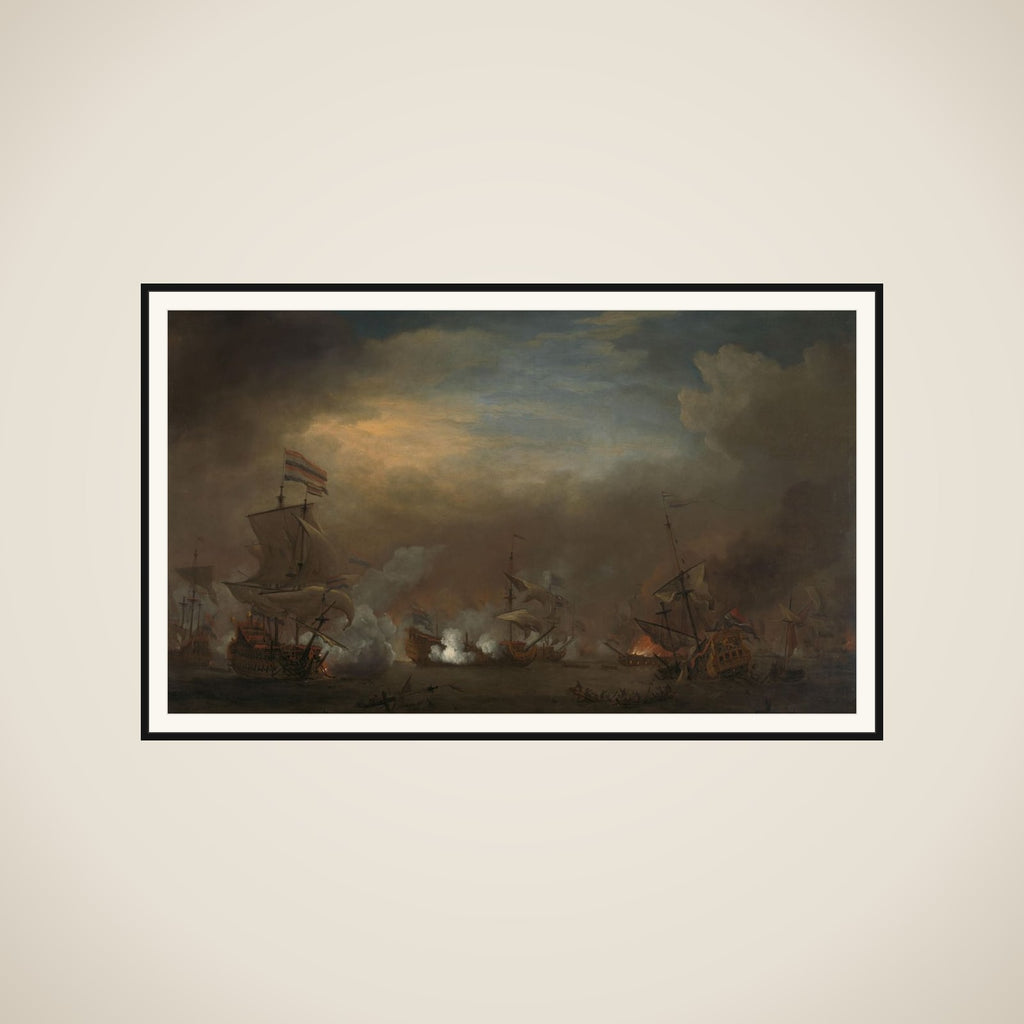 "Nocturnal Sea Battle between Cornelis Tromp on the ""Gouden Leeuw"" and Sir Edward Spragg on the ""Royal Prince"" during the Battle at Kijkduin (Battle of Texel), 21 August 1673: episode from the Third Anglo-Dutch War" framed