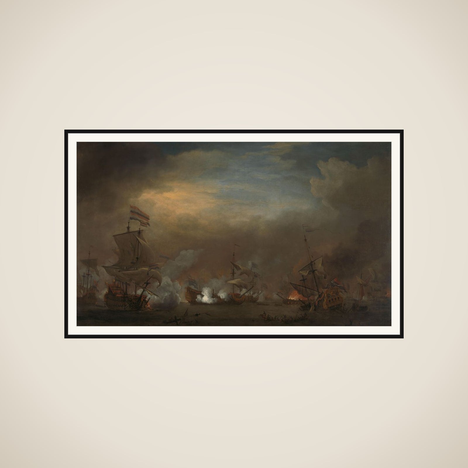 "Nocturnal Sea Battle between Cornelis Tromp on the ""Gouden Leeuw"" and Sir Edward Spragg on the ""Royal Prince"" during the Battle at Kijkduin (Battle of Texel), 21 August 1673: episode from the Third Anglo-Dutch War" framed