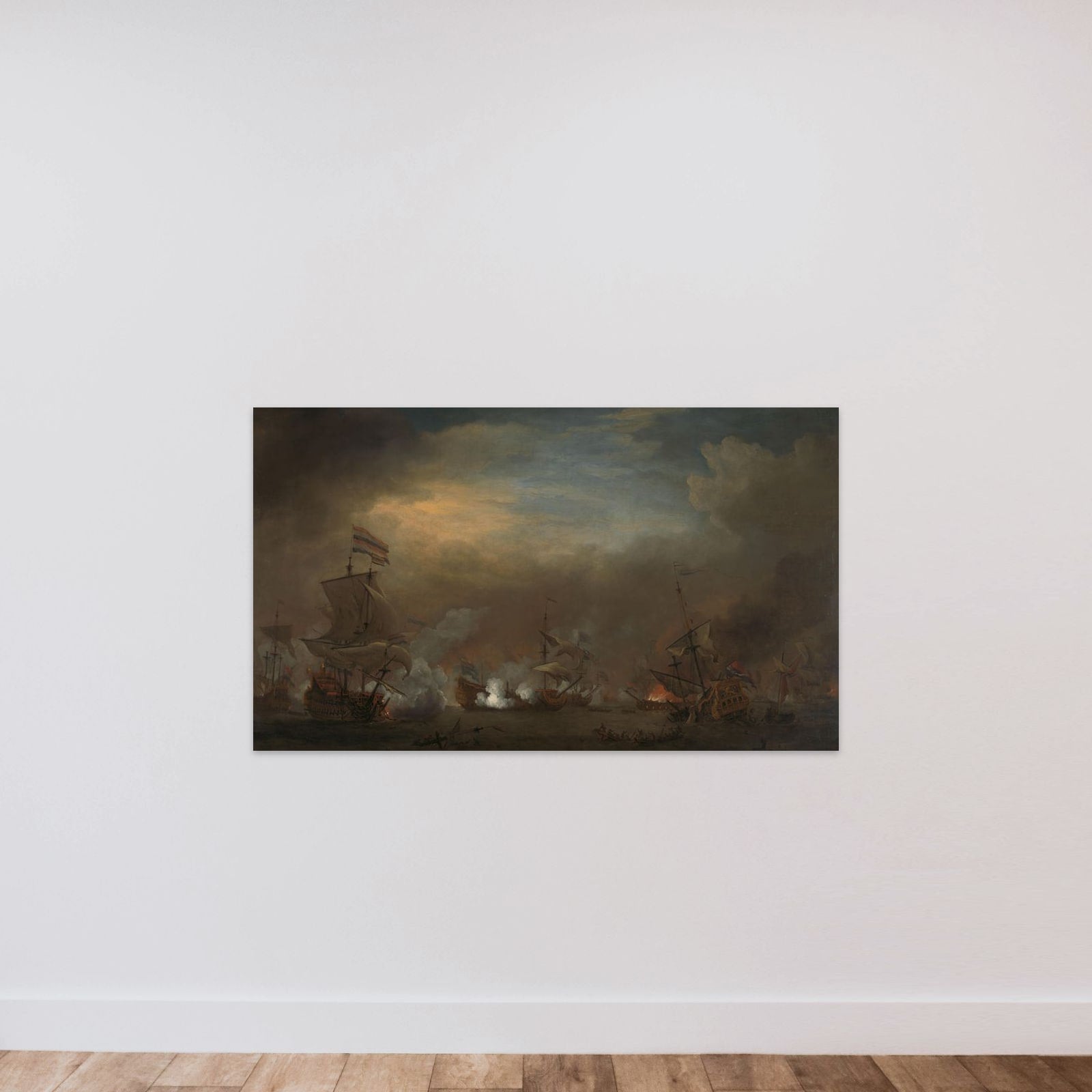 "Nocturnal Sea Battle between Cornelis Tromp on the ""Gouden Leeuw"" and Sir Edward Spragg on the ""Royal Prince"" during the Battle at Kijkduin (Battle of Texel), 21 August 1673: episode from the Third Anglo-Dutch War" unframed — shown to scale