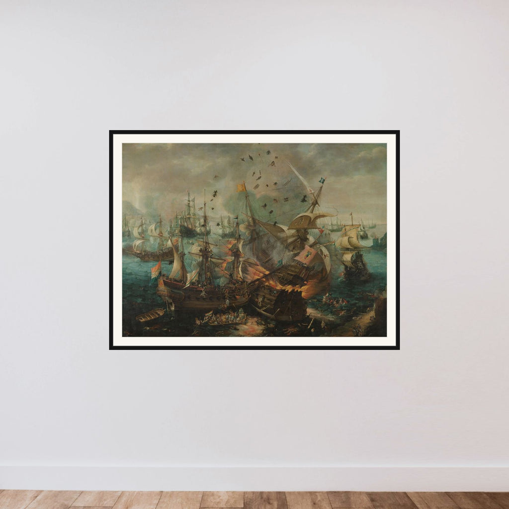 The Explosion of the Spanish Flagship during the Battle of Gibraltar, 25 April 1607 framed — shown to scale