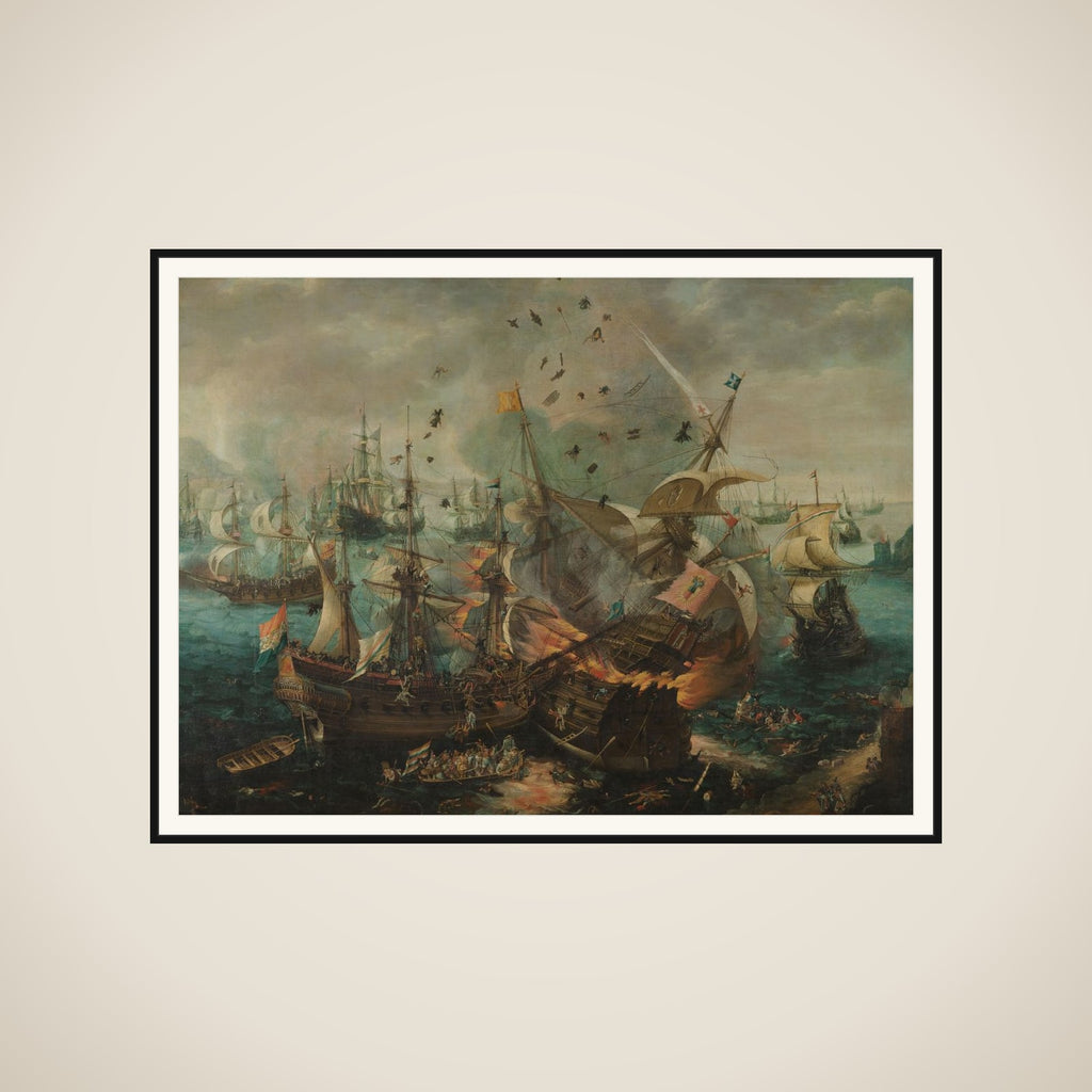 The Explosion of the Spanish Flagship during the Battle of Gibraltar, 25 April 1607 framed