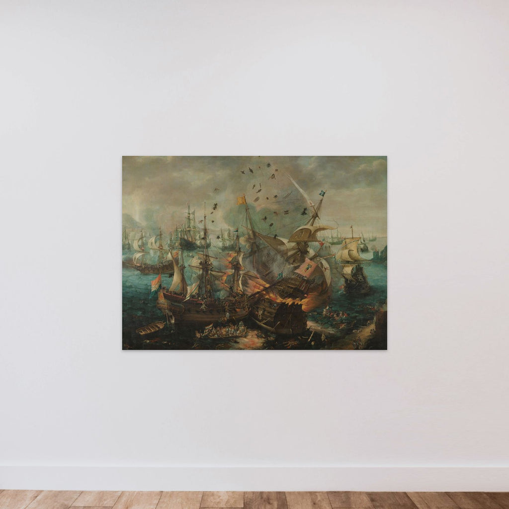 The Explosion of the Spanish Flagship during the Battle of Gibraltar, 25 April 1607 unframed — shown to scale