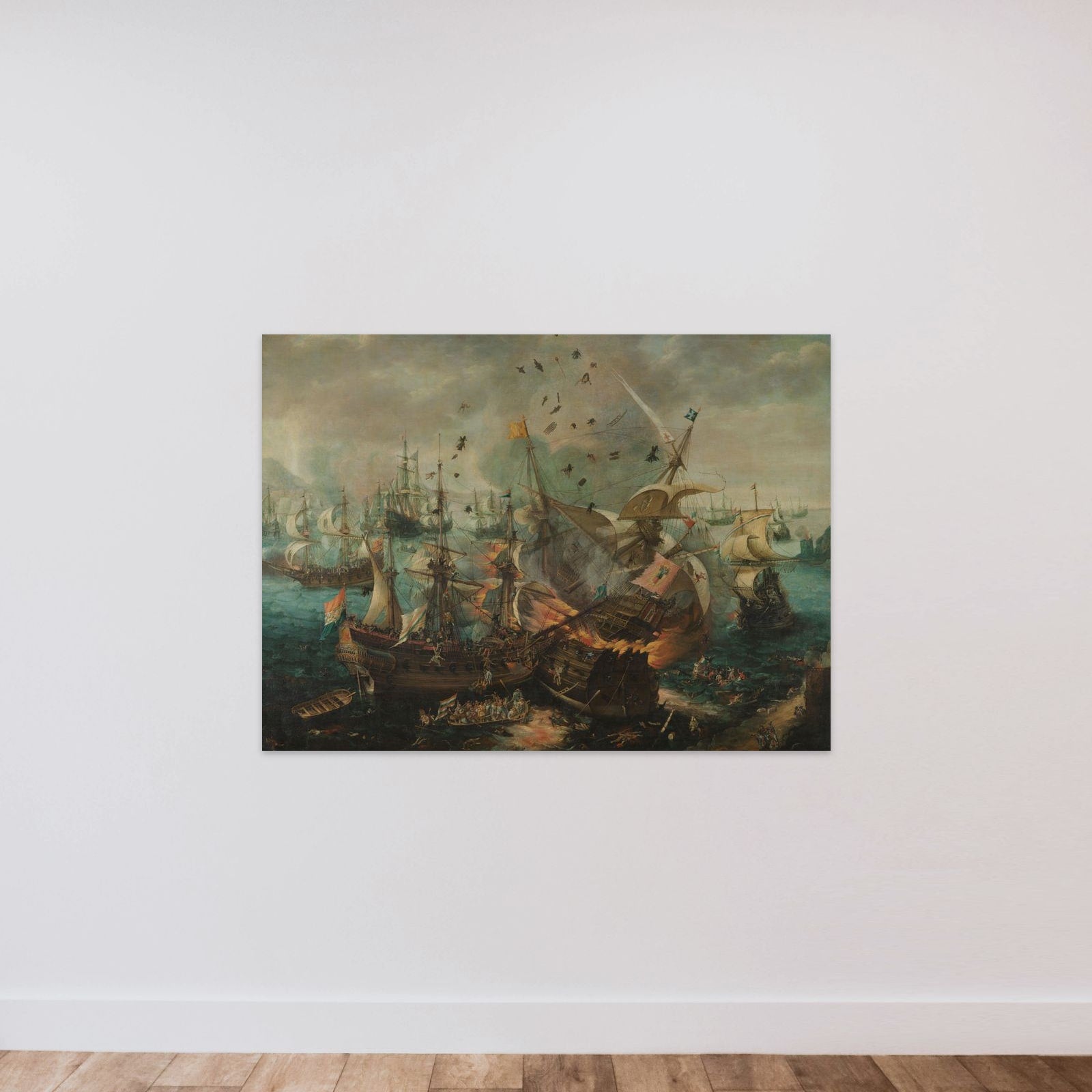 The Explosion of the Spanish Flagship during the Battle of Gibraltar, 25 April 1607 unframed — shown to scale