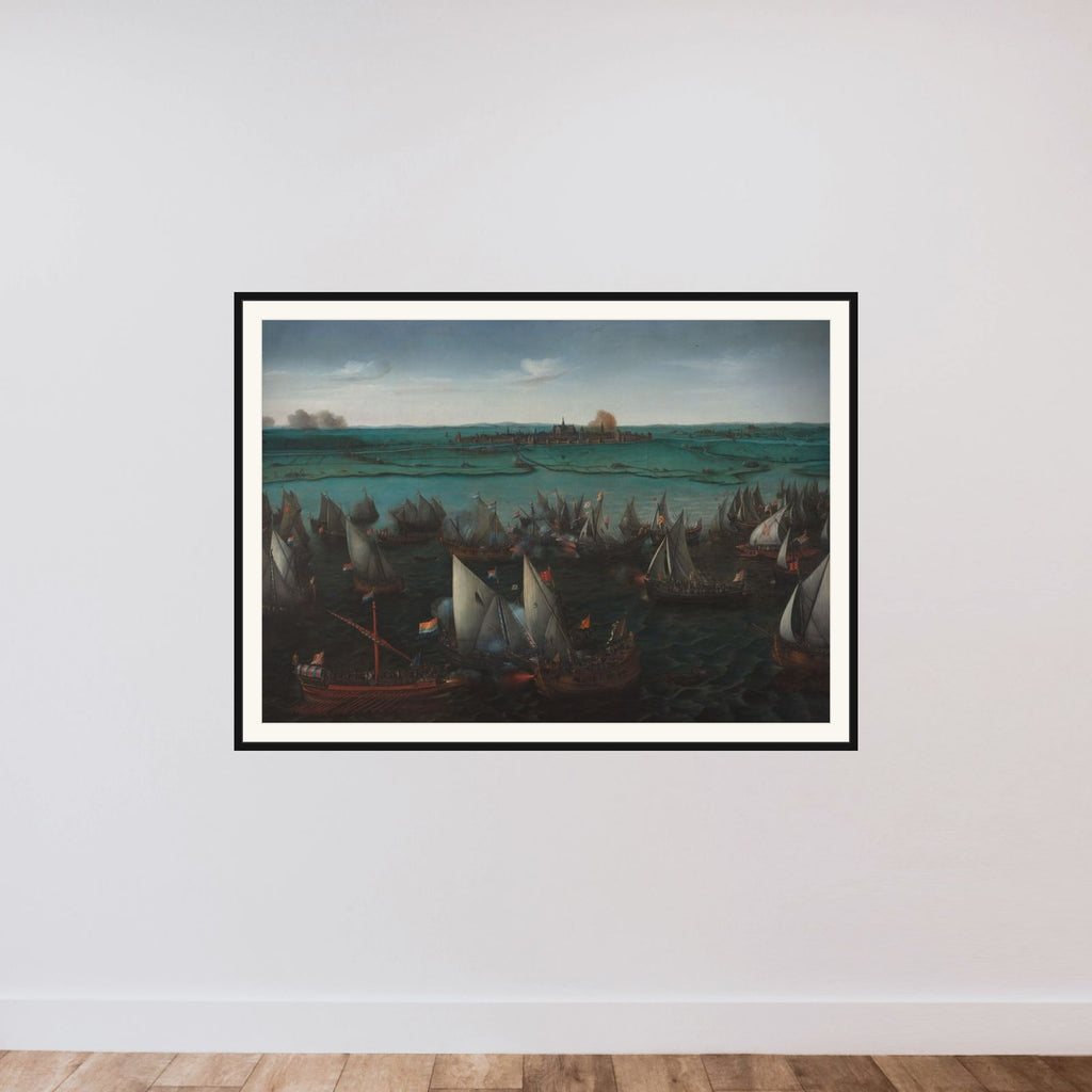 Battle between Dutch and Spanish Ships on the Haarlemmermeer, 26 May 1573 framed — shown to scale