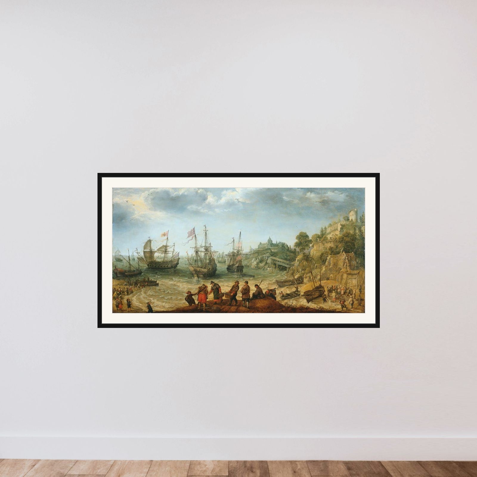 Ships off a Rocky Coast framed — shown to scale