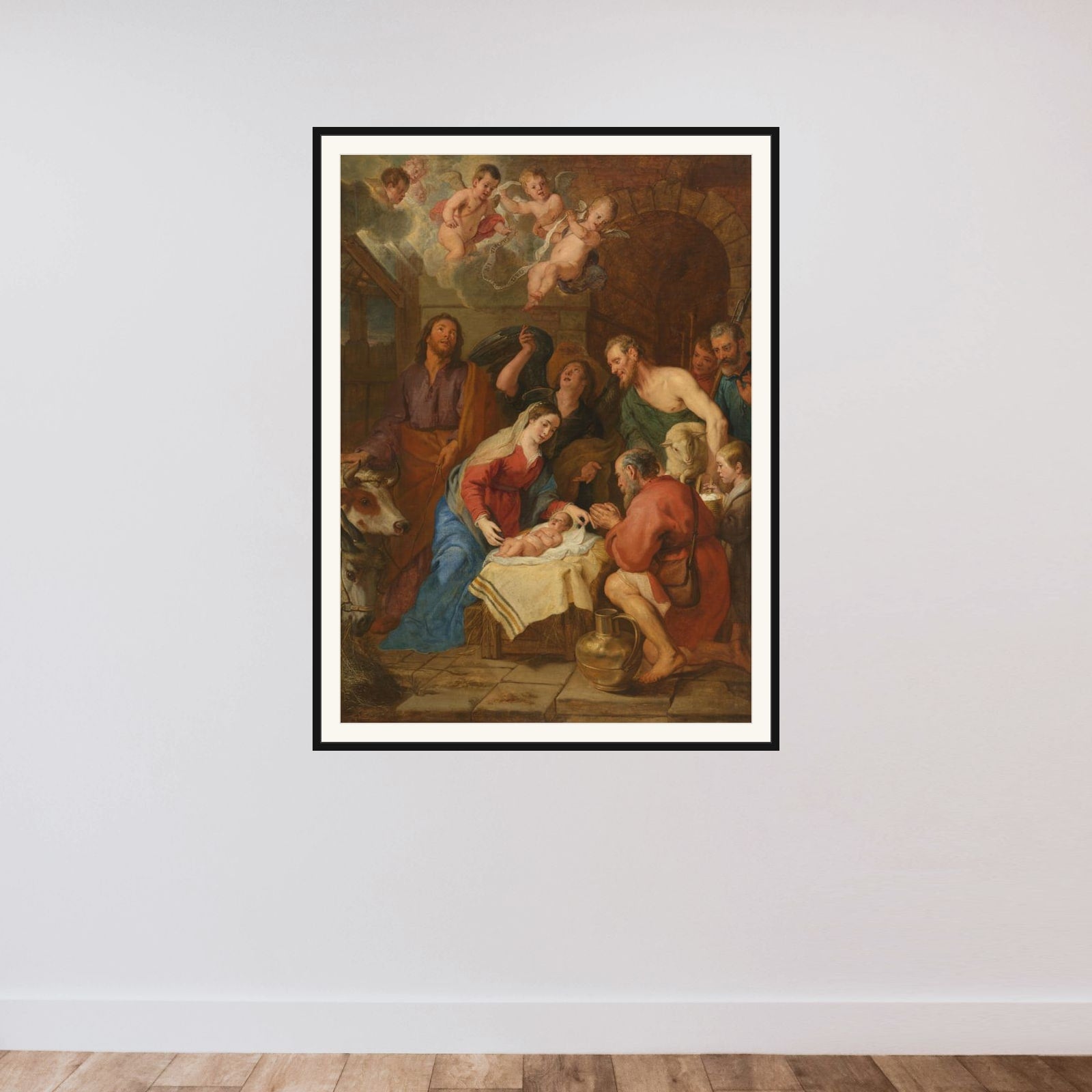 The Adoration of the Shepherds framed — shown to scale