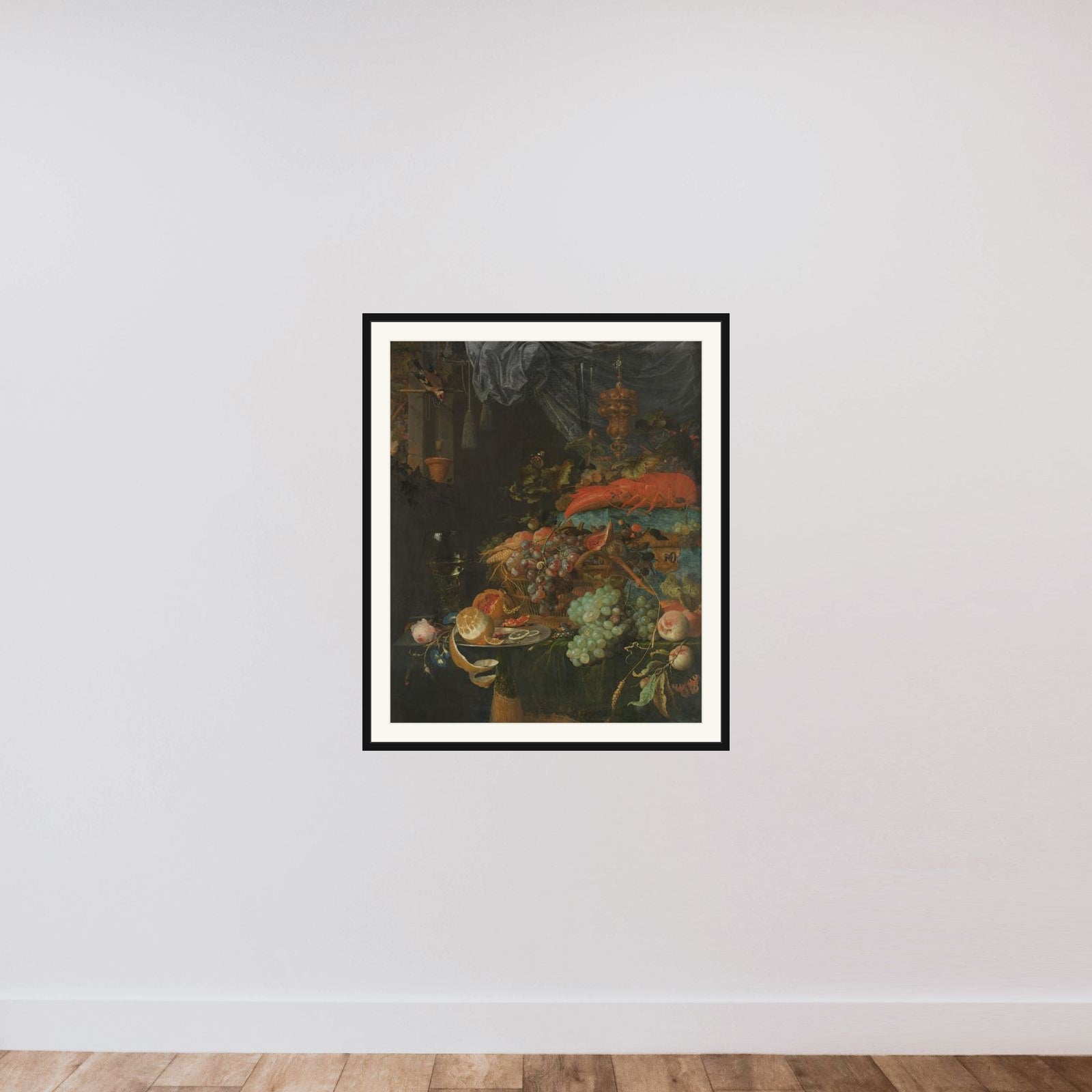 Still Life with Fruit and a Goldfinch framed — shown to scale