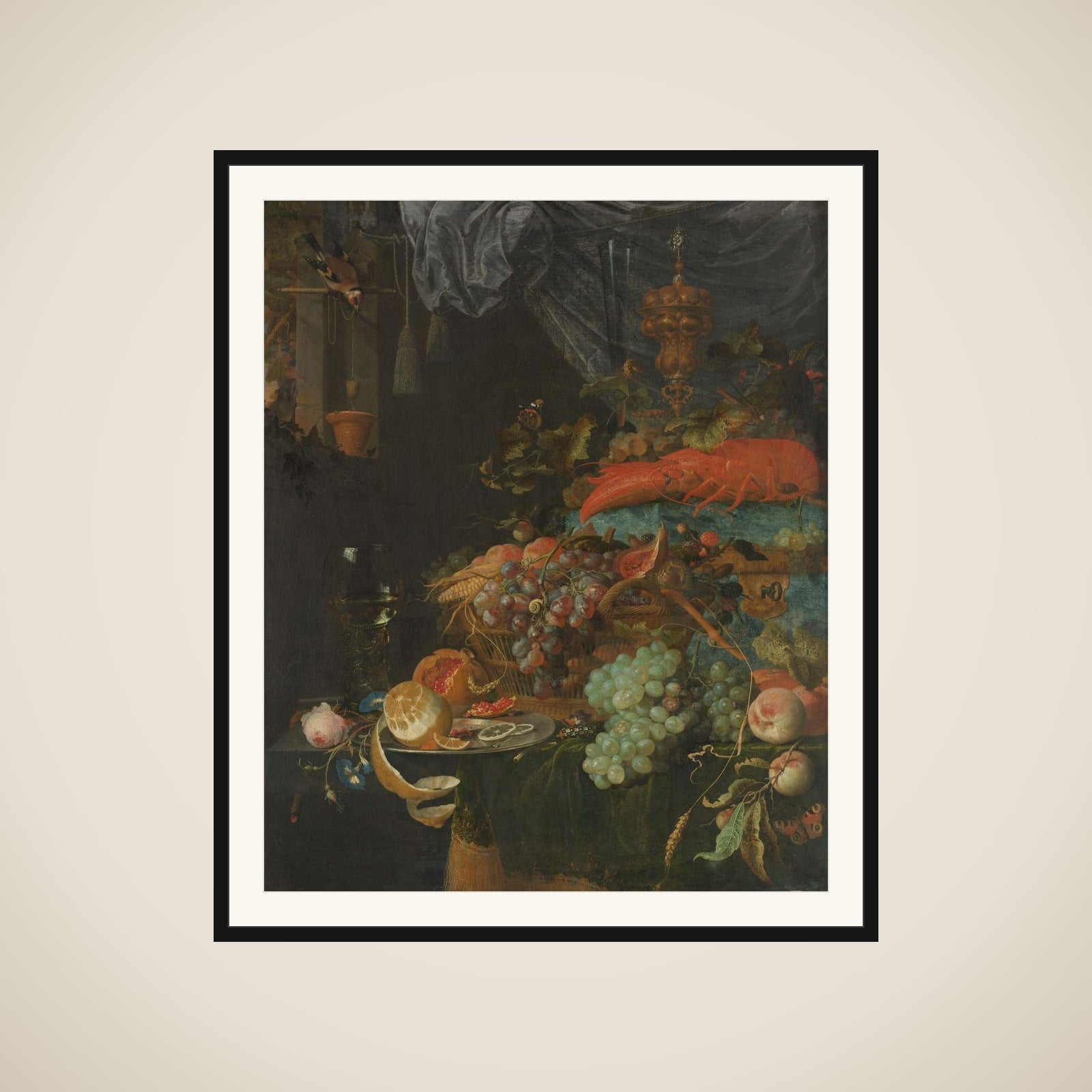Still Life with Fruit and a Goldfinch framed