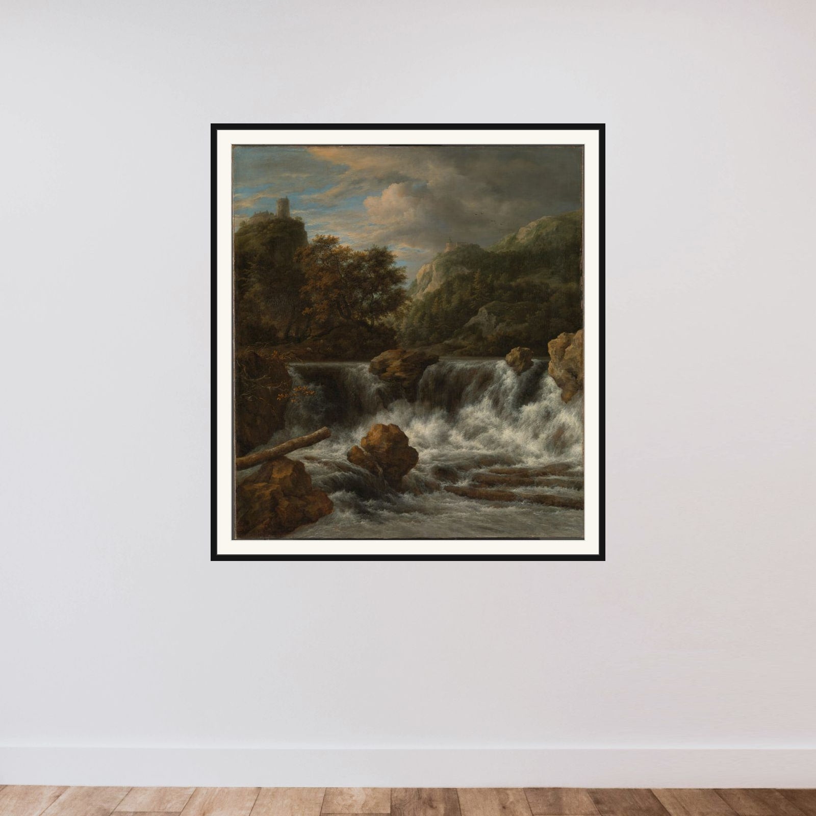 Mountainous Landscape with Waterfall framed — shown to scale