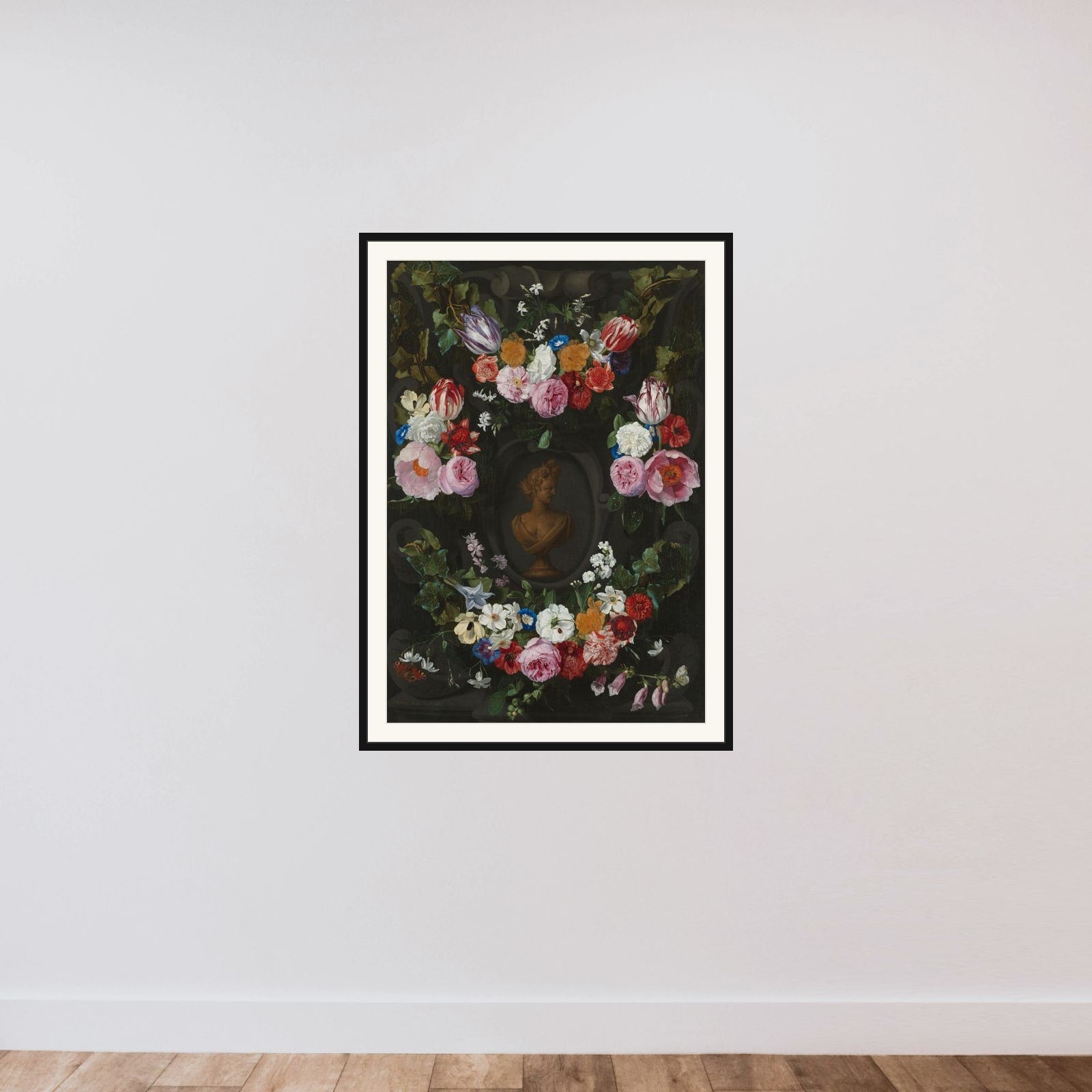 Cartouche Decorated with Swags and Sprays of Flowers framed — shown to scale