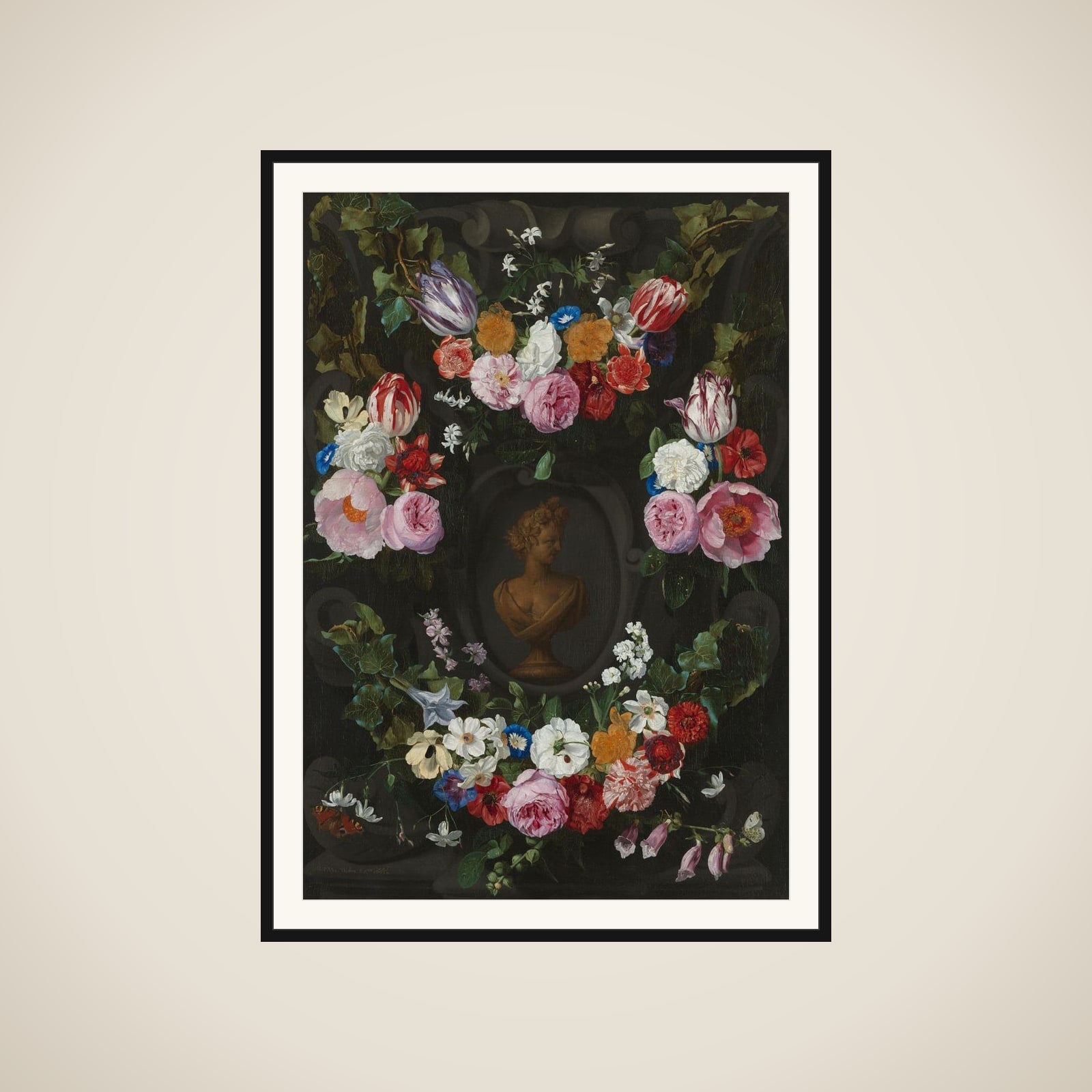 Cartouche Decorated with Swags and Sprays of Flowers framed